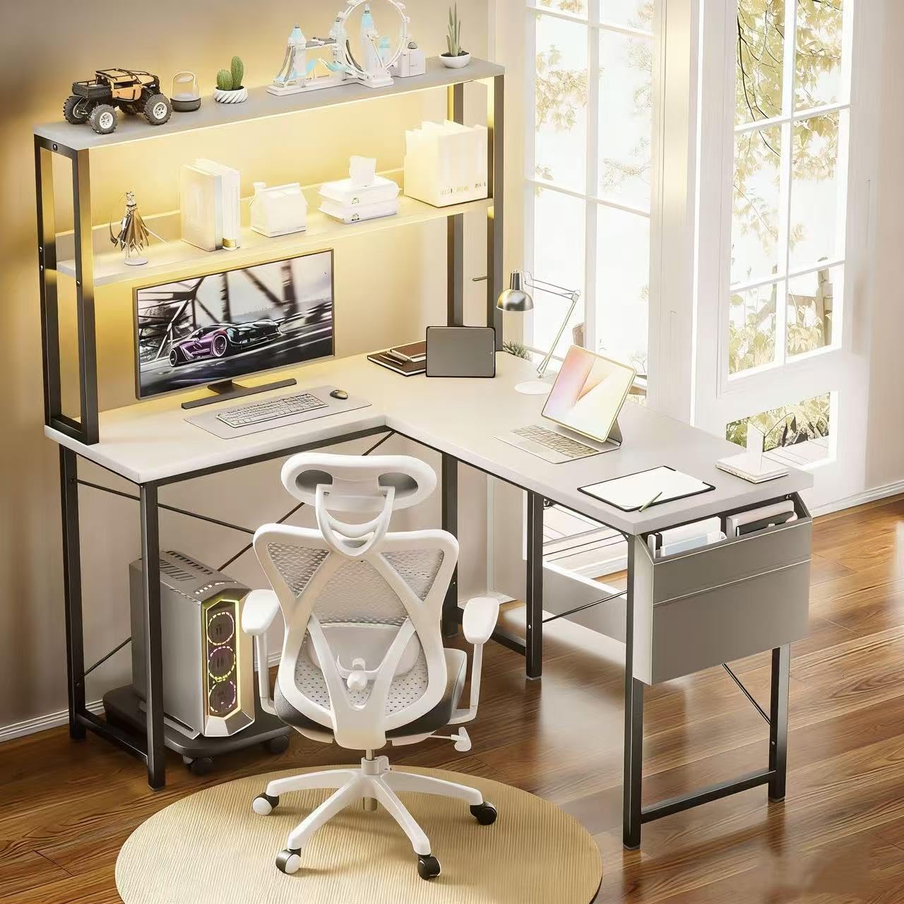 Gaming Schreibtisch L Form, Computertisch 110 x 80 x 148 cm mit LED-Beleuchtung, Seitentaschen, Eckschreibtisch mit Pc Ständer, für Büro und Zuhause, Weiß