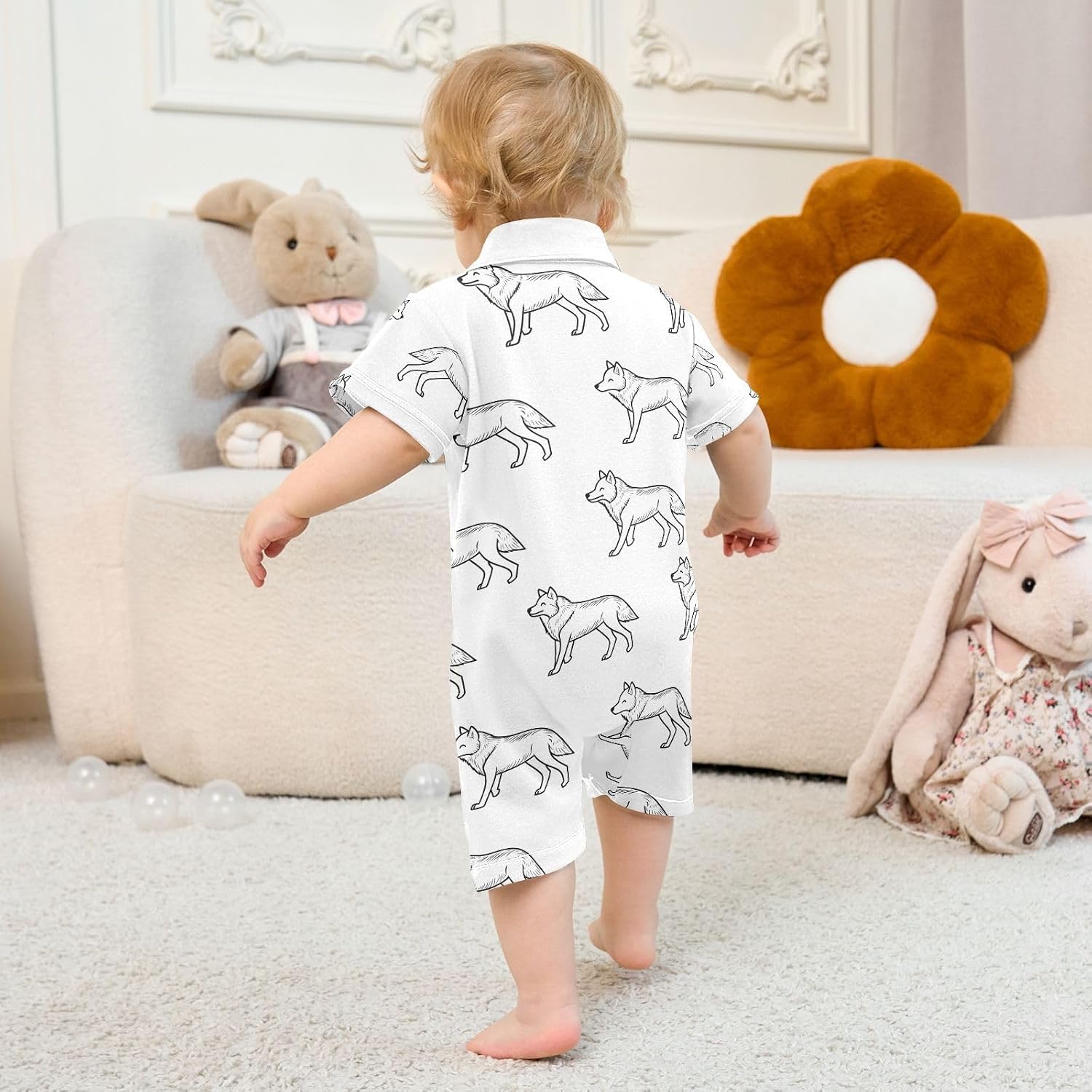 vvfelixl Cool Wolf Walking Baby Boy Polo Clothes,Short Sleeve Baby Bodysuit,Collared Polo Romper for 0-24 Months