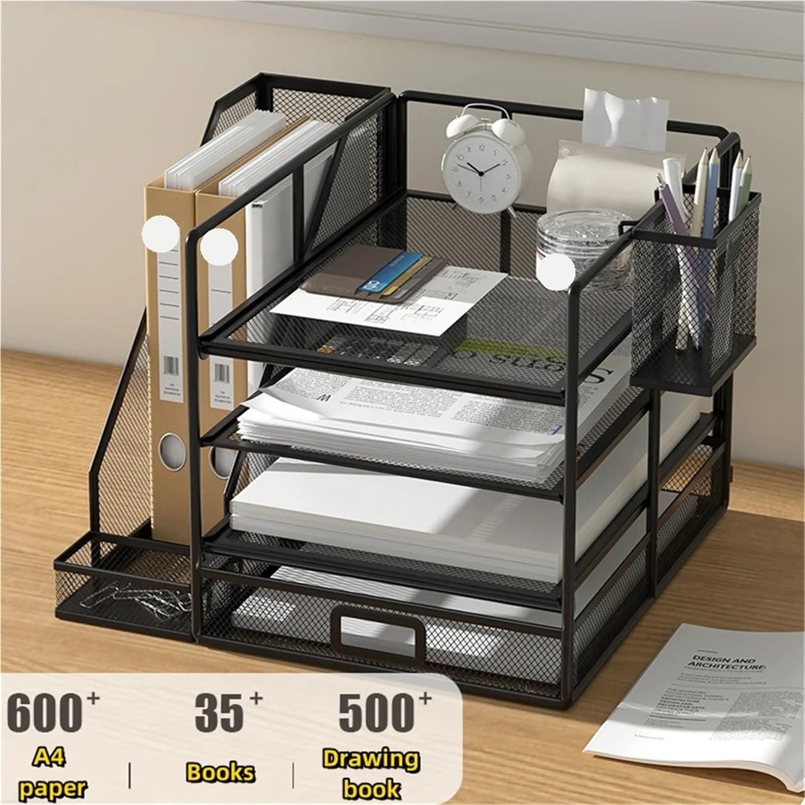 Bandeja para Cartas Organizador de Escritorio con archivador, Organizador Bandeja for Cartas 4 Niveles cajón Deslizante y 1 portalápices, Malla metálica