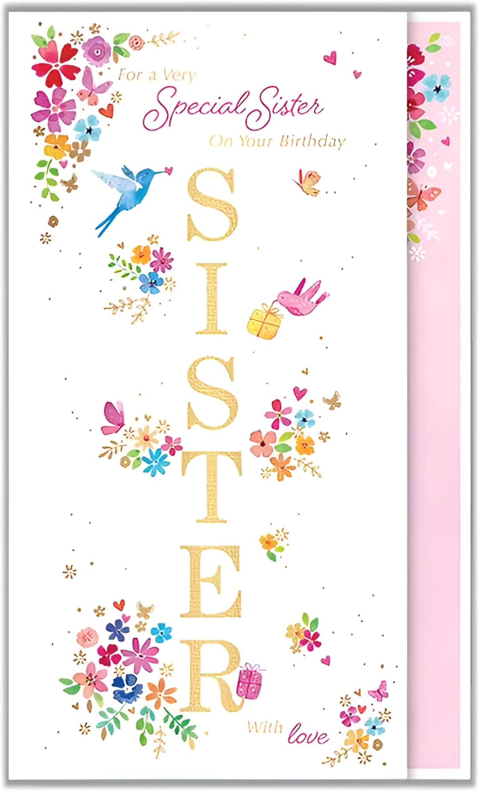 Words and Wishes Tall Birthday Greeting Card - Special Sister - Gorgeous Floral Design - Gold Foil Finish