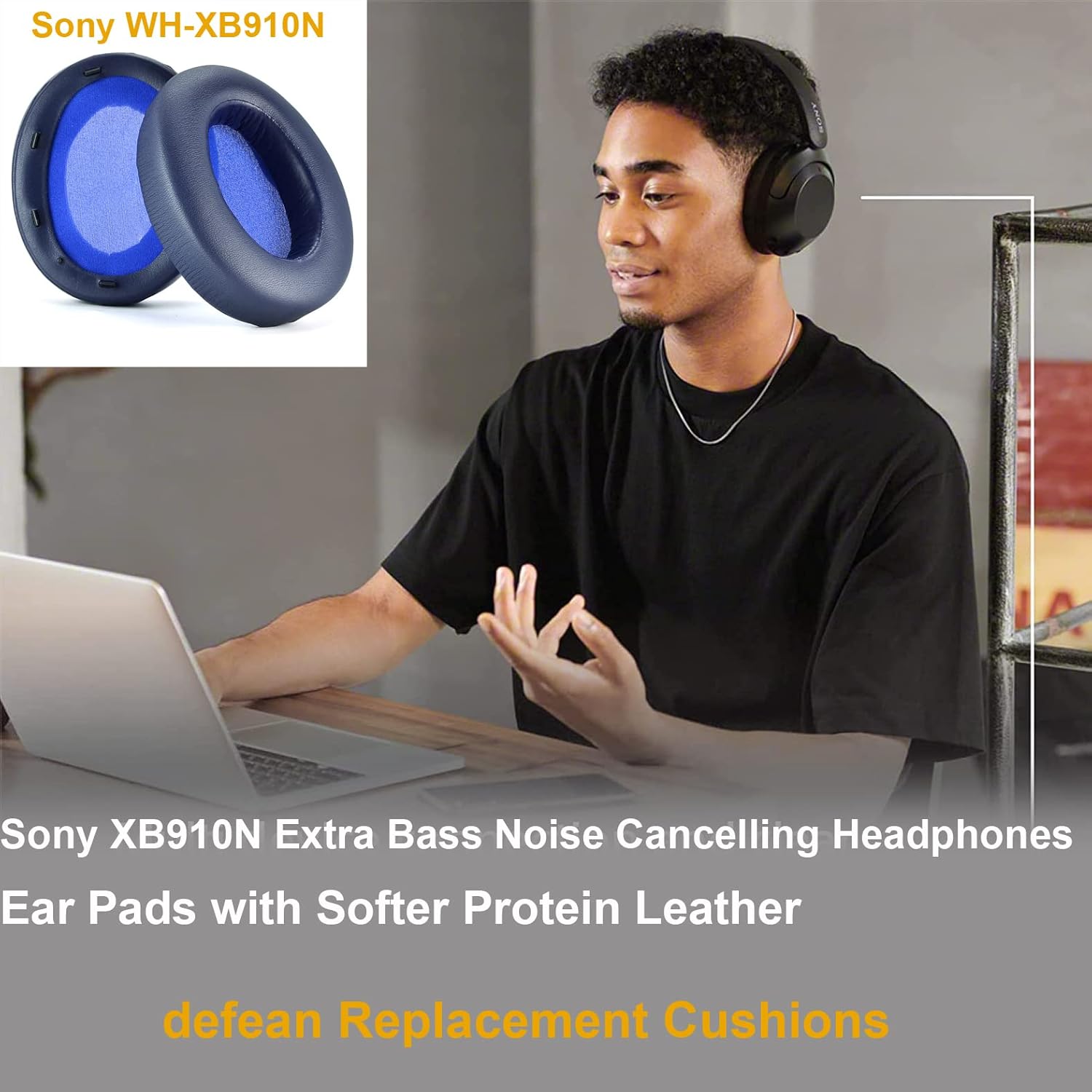 WH XB910N Earpads Cushions Replacement Compatible with Sony WH-XB910 XB910N Extra Bass Noise Cancelling Headphones,(NO fit WH-H910N Model) Ear Pads with Softer Protein Leather (Blue) - Image 7
