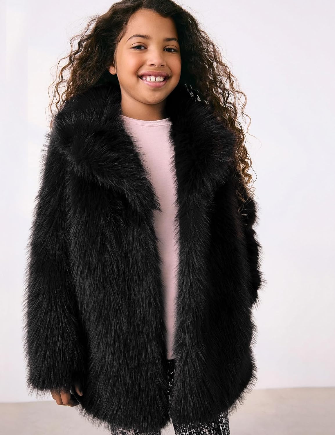 Kissonic Girls Faux Fur Coat Fluffy Kids Warm Winter Fleece Jacket Long Shaggy Outwear with Pockets - Image 2