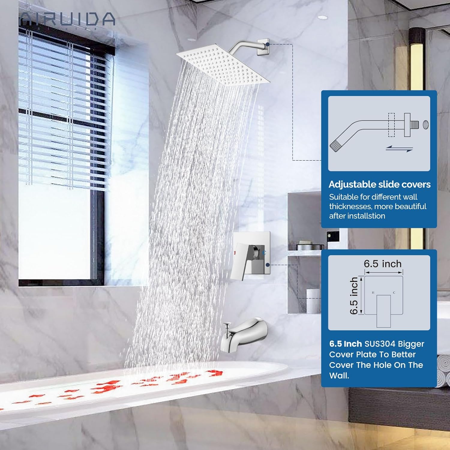 Airuida Shower Faucet Set with Tub Spout Bathtub Faucet Kit Shower Tub Faucet Set Complete Tub Shower Trim Kit with Solid Brass Rough-in Valve and Rainfall Square Showerhead,8 Inch-Chrome Polish