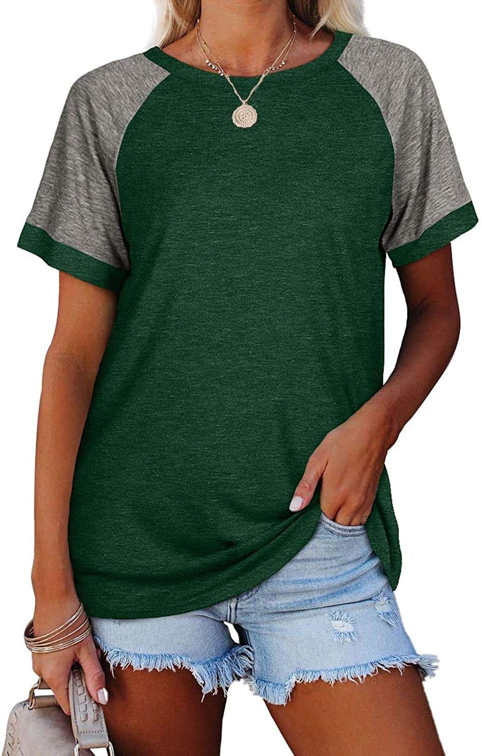 Esobo Women's Raglan Short Sleeve Crewneck T-Shirt Color Block Tunic Tshirt Casual Loose Blouses Tops