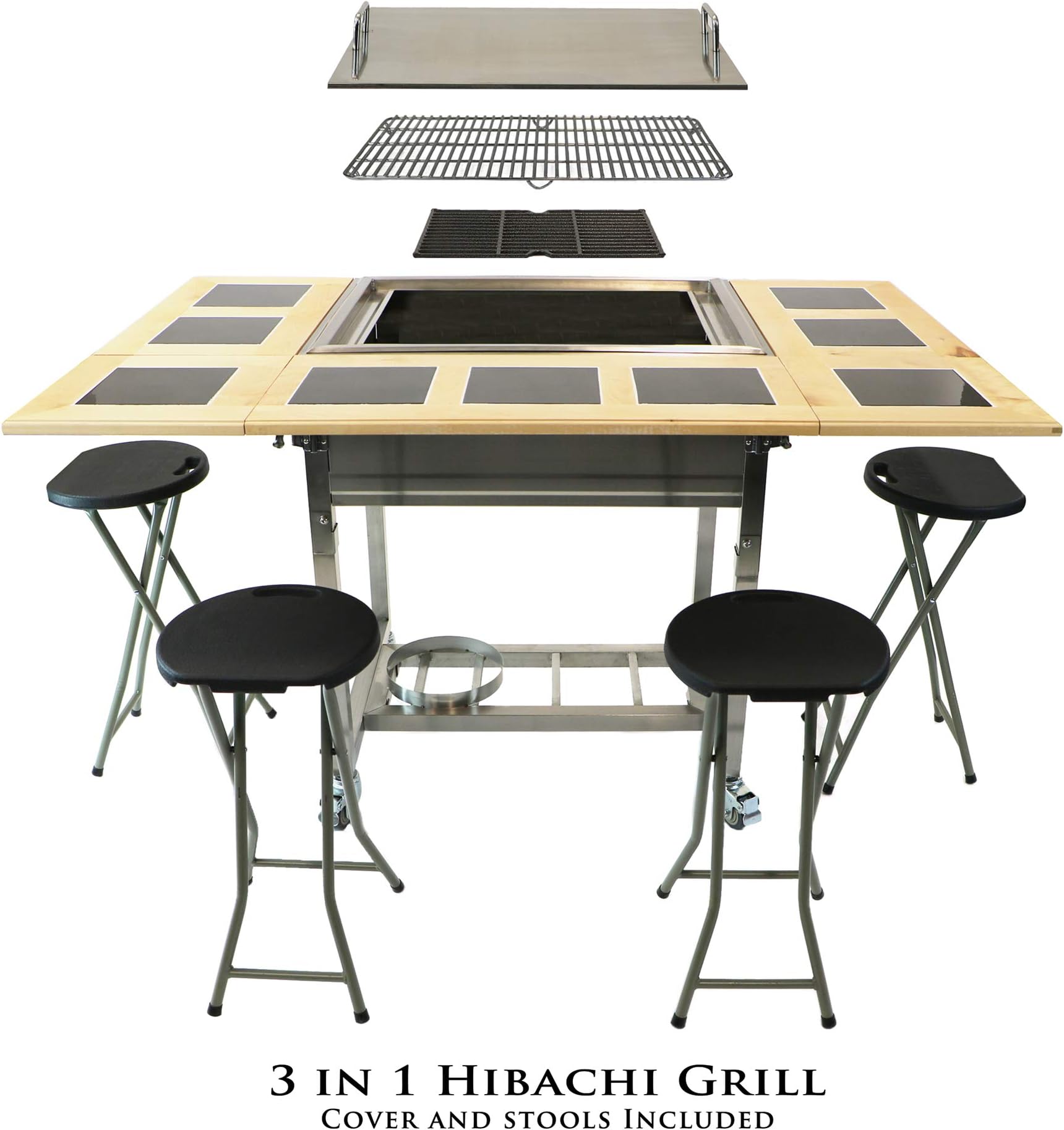 3-in-1 Sit Around Grill with Flat Top Teppanyaki Griddle, BBQ Rack and Cast Iron Grill - Propane Gas and Stainless Steel - Perfect for Outdoor Cooking and Portable for Tailgating, HBC1B