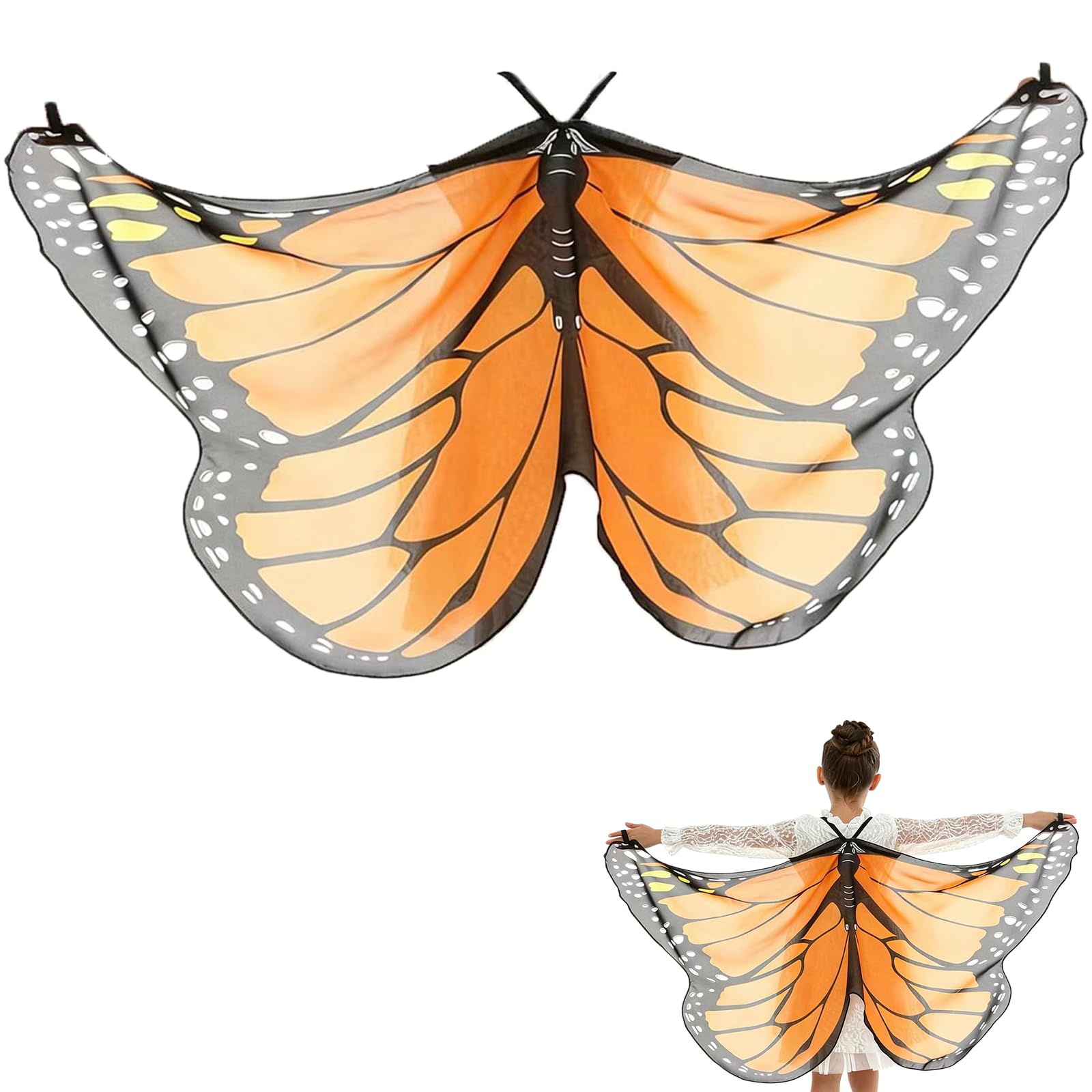 WUERKIYA Butterfly Costume Women's Butterfly Cape Wings Fairy Costume Child Women's Carnival Costumes Butterfly Wings for Costume Halloween Fancy Dress Cosplay Party Christmas 145 x 70 cm – Orange
