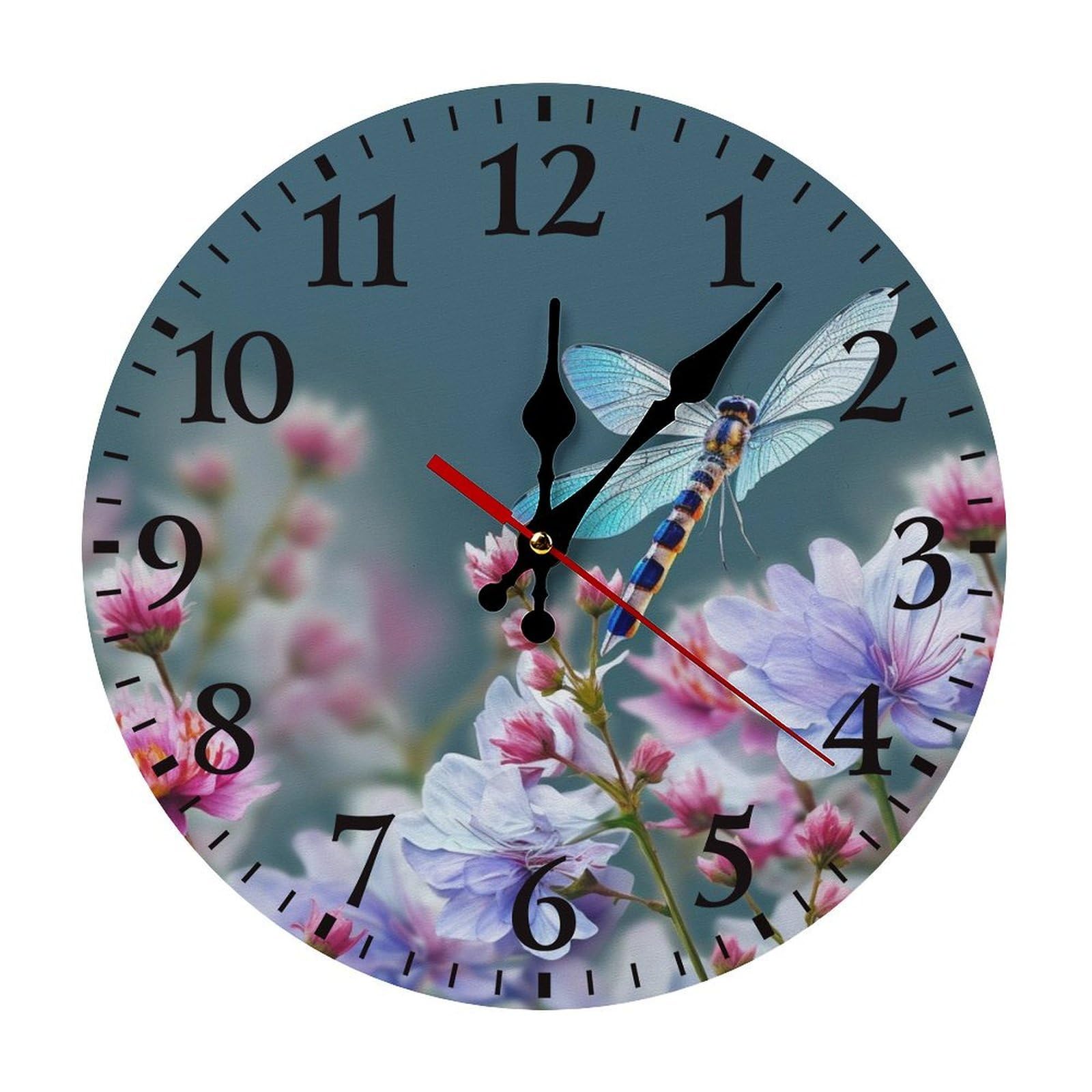 NTVOWPZO 10 Inch Wall Clock Dragonfly and Flowers Battery Operated Wall Clocks Silent Non-Ticking Round Wall Clock for Living Room Kitchen Home Office Wall Decorative Clock