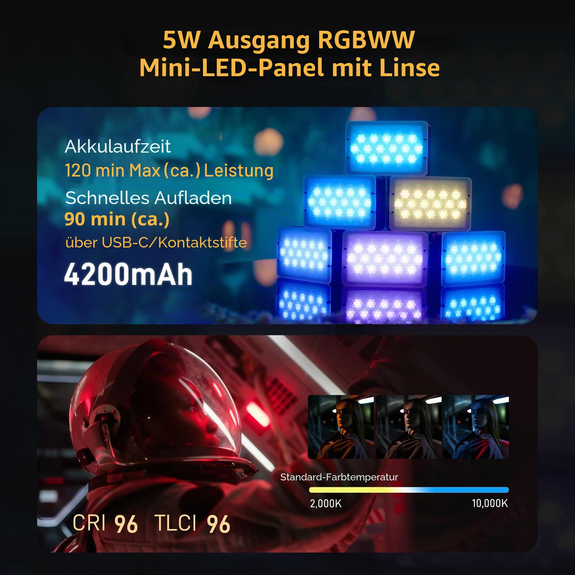 Aputure MC Pro RGBWW Videolicht, 5 W, hohe Helligkeit, 1585 Lux bei 0,5 m, 2000–10000 K, verstellbare magnetische Anziehungskraft und IP65 wetterfest für Fotografie, Videofilmer