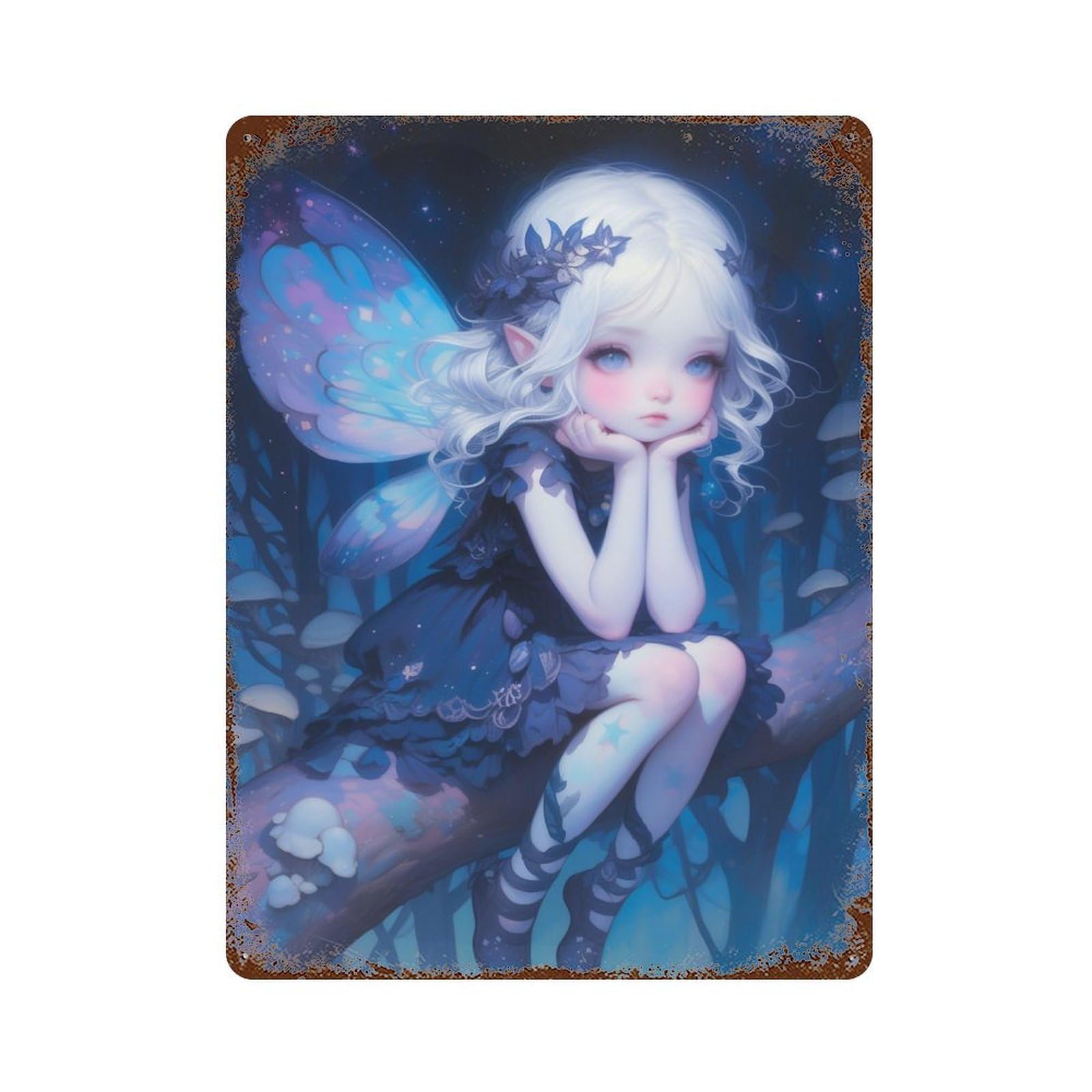 Distressed Metal Wall Sign Cute Celestial Chibi Fairy 15.7"x11.8", Vintage Wall Decor for Garage, Bar And Workshop Decor