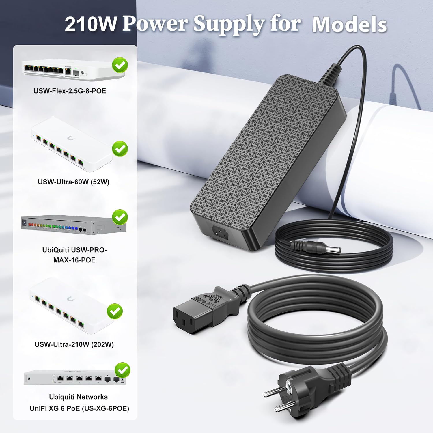 KFD 54V DC Netzteil AC Adapter 210W Ladegerät für Ubiquiti UniFi Switch USW-Ultra-210W USW-Pro-Max-16-PoE(180W) UniFi XG 6 USW-Flex-2.5G-8-PoE Switch UACC-Adapter-AC-210W-EU ADS-210NX-48-1 540210E