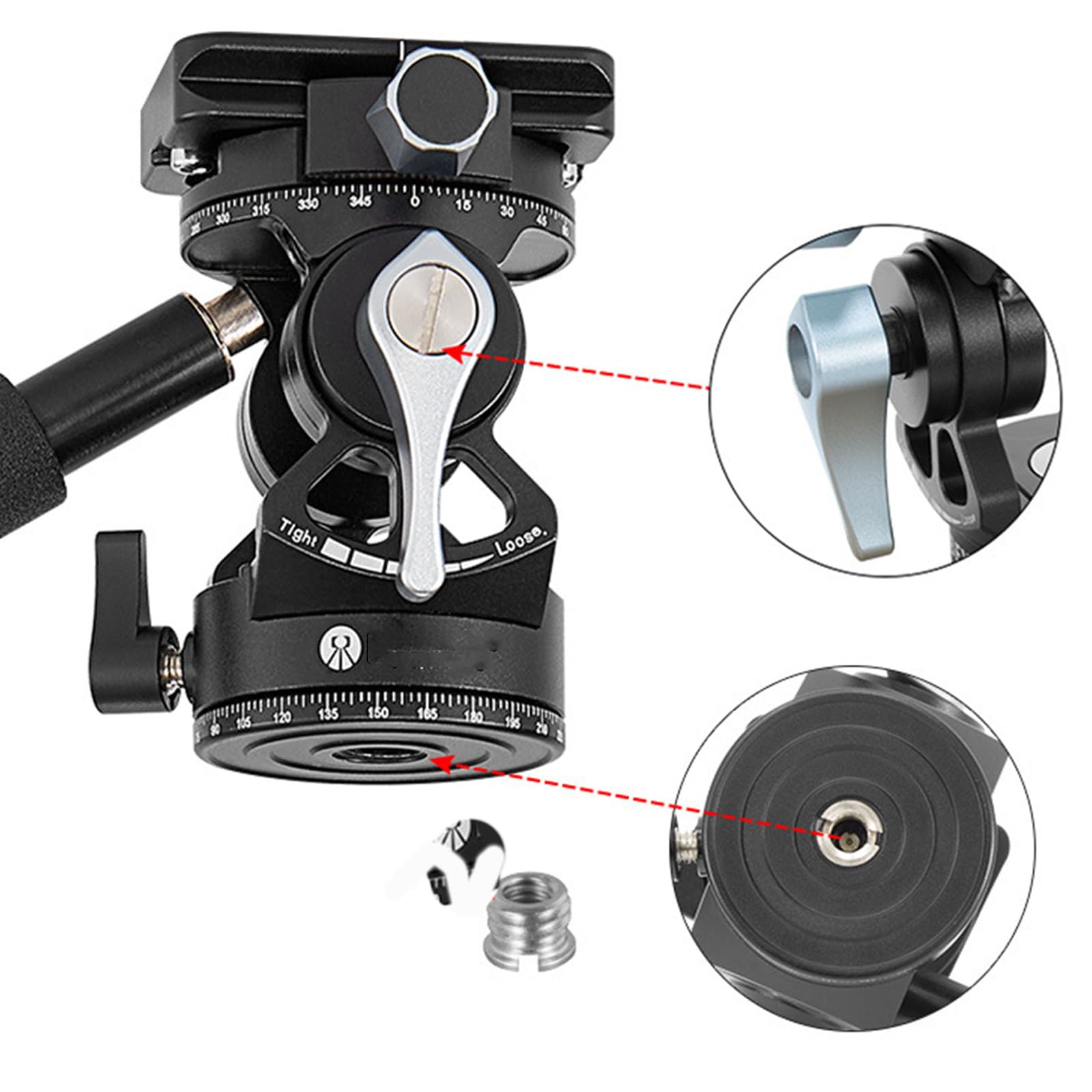 Treppiede in alluminio Fluido Testa 90º Inclinazione E 720º Rotante Leggero Per Monopiedi Sliders Luce Stand Tilt Pan Head