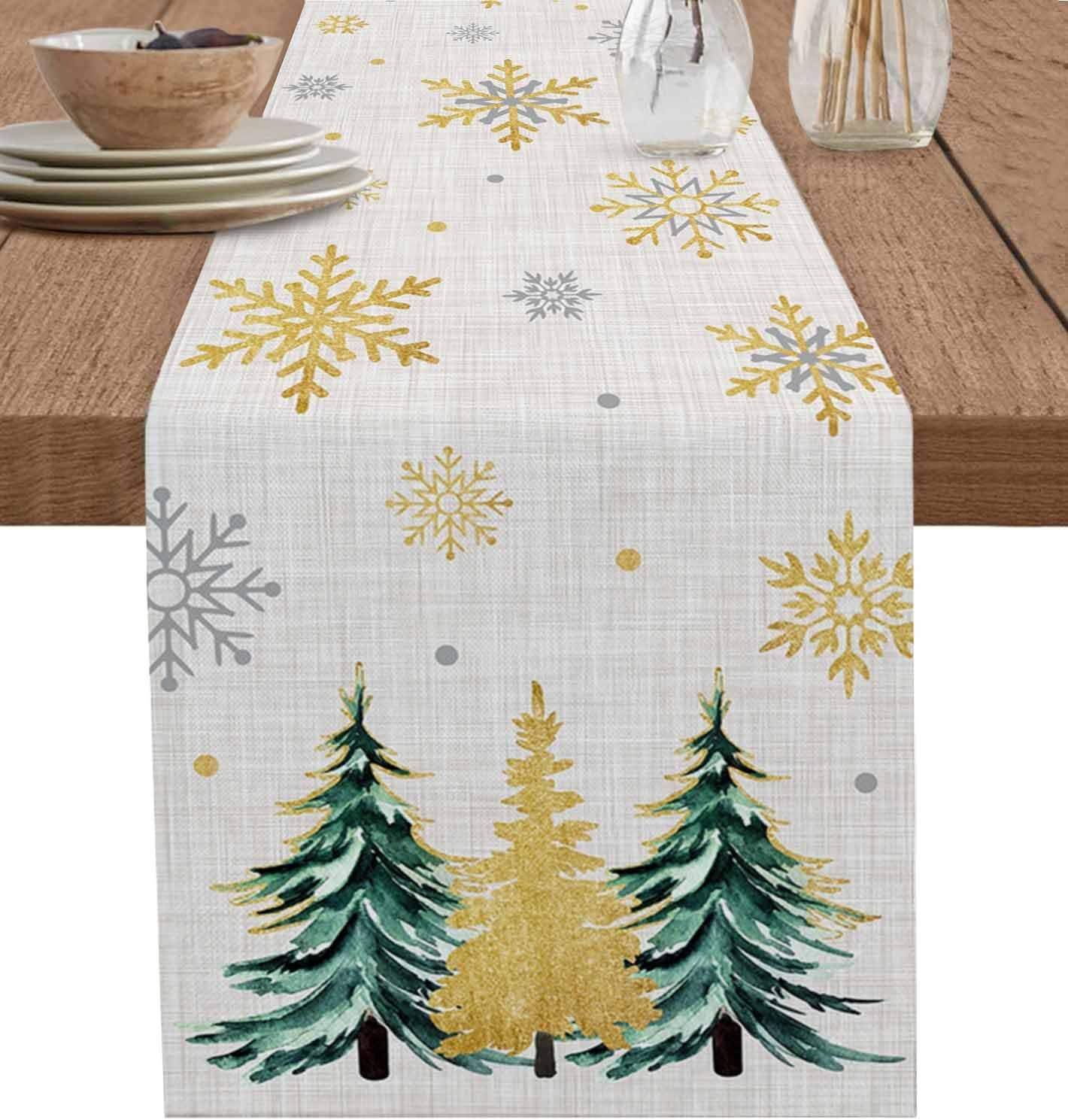 Glod Xmas Tree Snowflakes Table Runner Seasonal Christmas