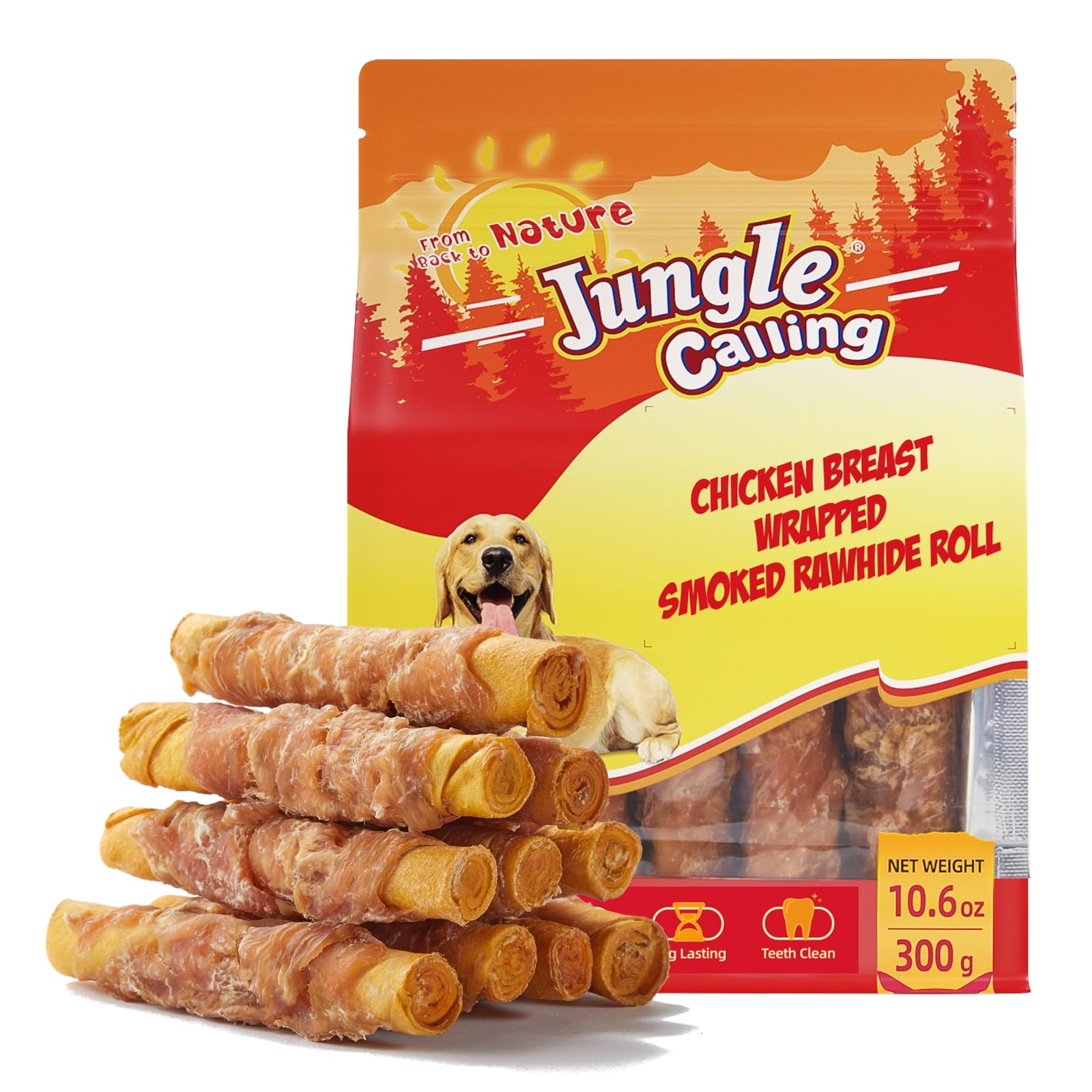 Jungle CallingDog Treats Smoked Chicken Wrapped Rawhide Rolls, High Protein Dog Chews, Rawhide Chews for Medium and Large Dogs, 10.6 Oz
