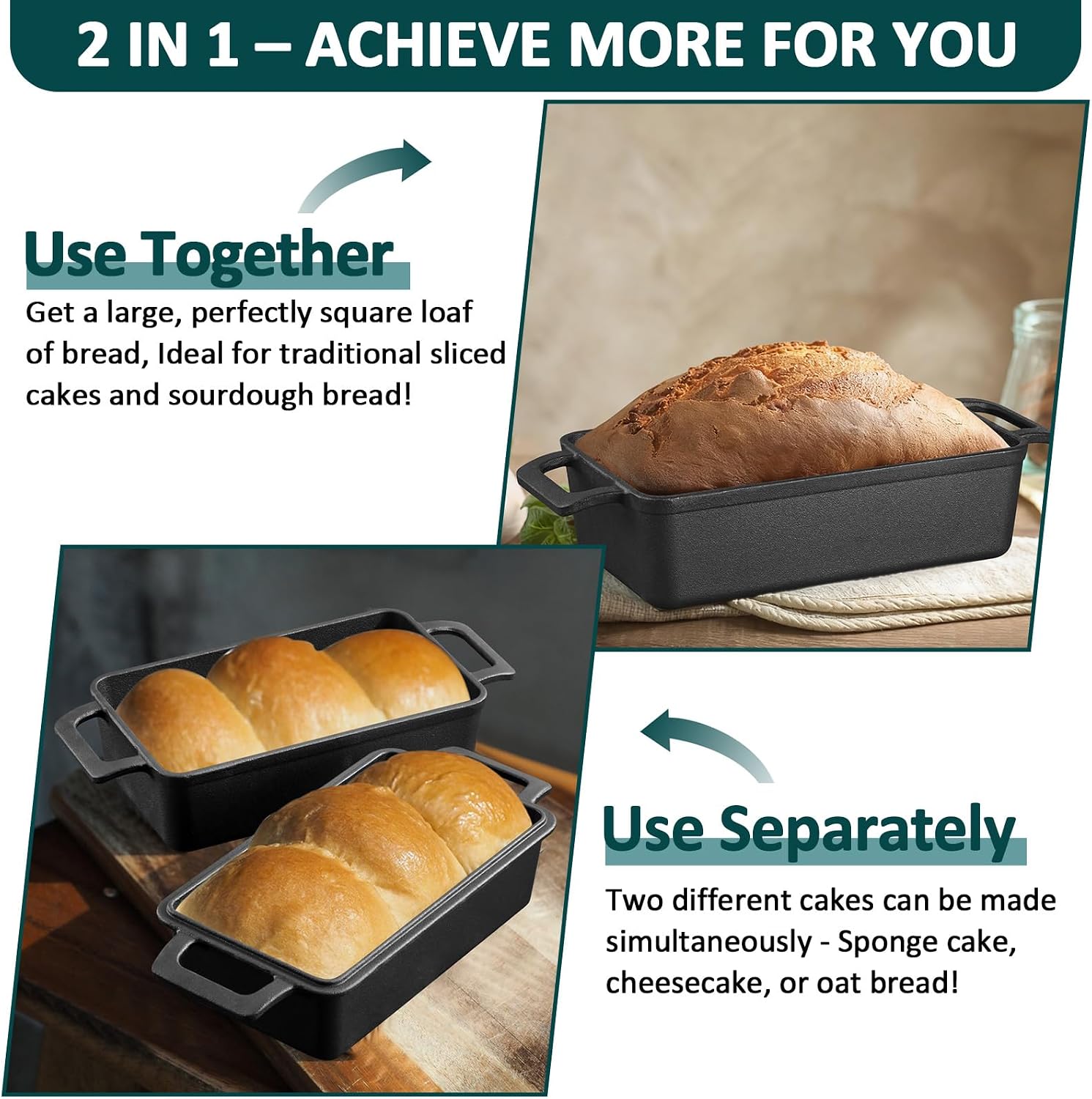 Leonyo 9"x5" Cast Iron Sourdough Loaf Pan, Pre-seasoned Dutch Oven, Black | 2-in-1 Dutch Oven for Homemade Bread Baking, Oven Safe & Heat Up to 500℉