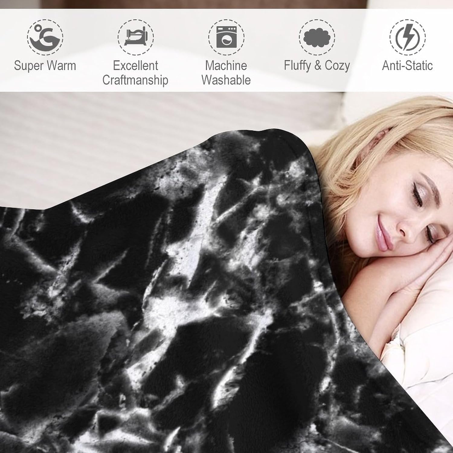 Black and White Black Marble Blanket Luxury Cracks Print Comforter Lightweight Fleece Fuzzy Picnic Travel Office Double-Sided Campany Bed Sofa Couch Camping 40x50 in