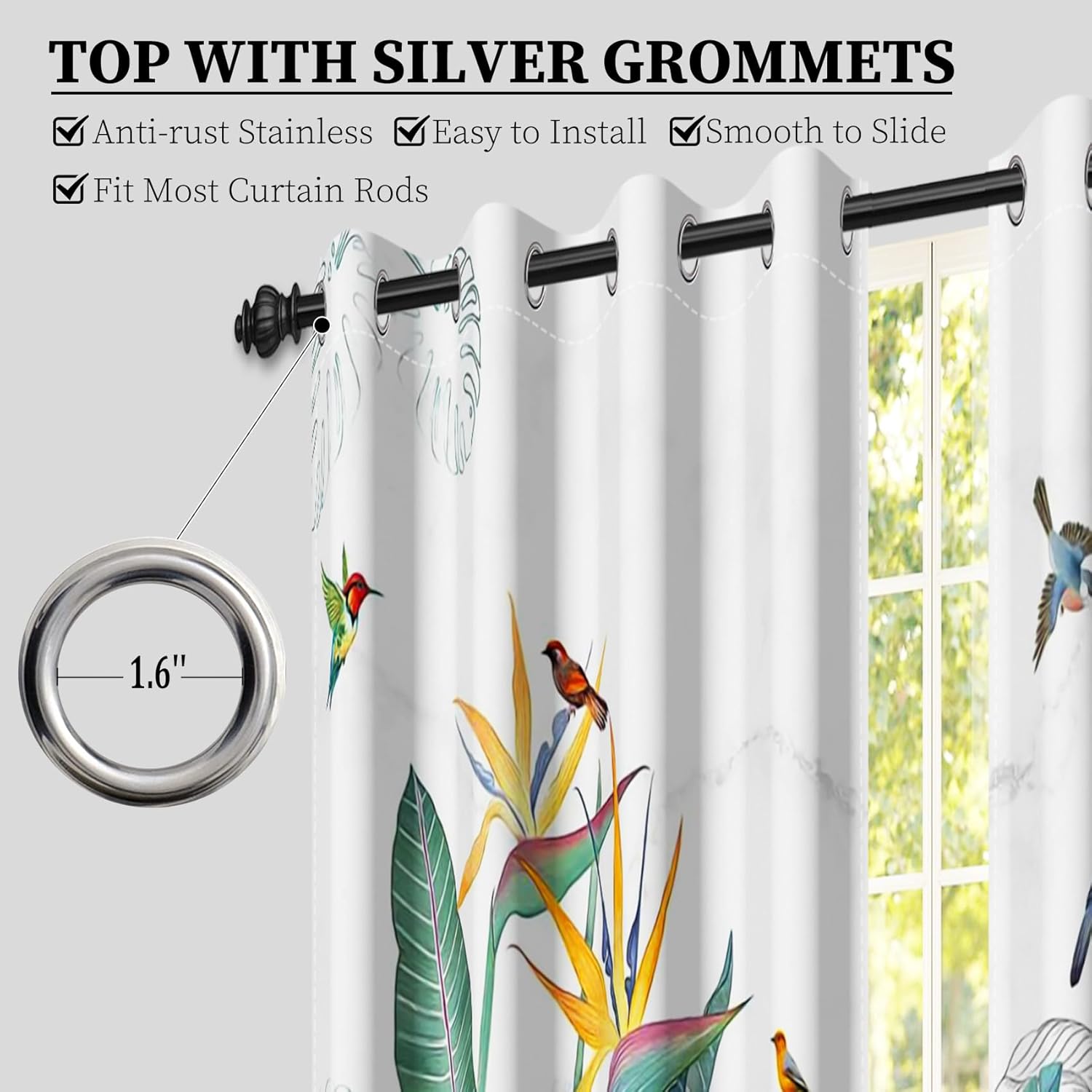 AOFOTO Tropical Birds and Plants Bedroom Blackout Curtains, Paradise Garden Botanical Exotic Floral Hummingbirds Print Home Decor Window Treatment Set Thermal Insulated Drapes 53x84 Inches, 2 Panels