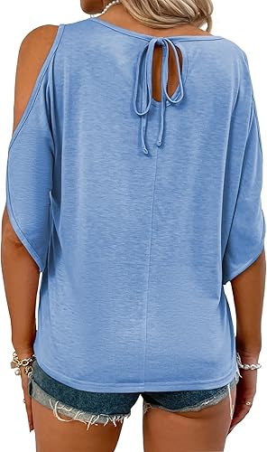 Miniatura 2 de Aoysky Camiseta de manga corta para mujer, con hombros descubiertos, cuello redondo, casual, holgada, color sólido, túnica