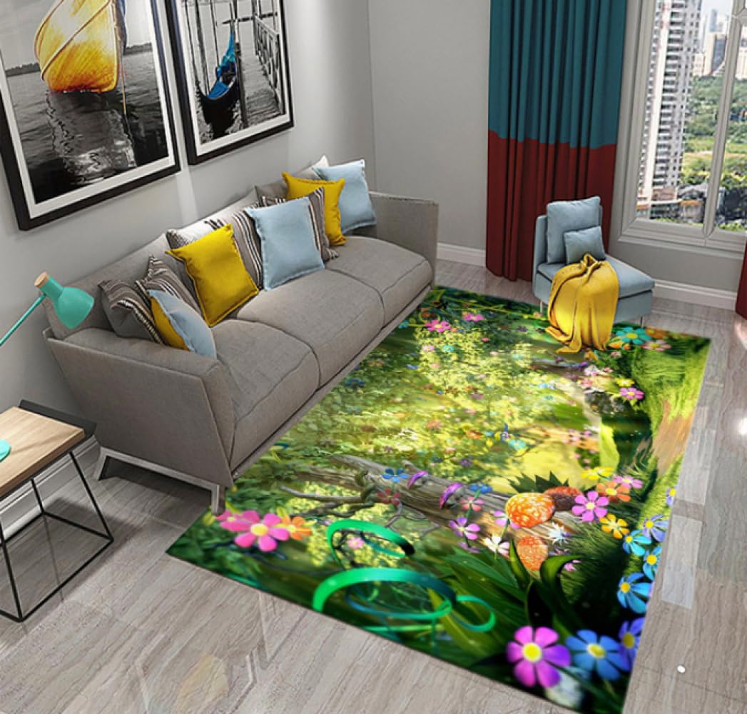 Magic Forest with Flower Mushroom Butterfly Carpet Green Fairy Fantasy Tree House Non-Slip Rug for Living Room Bedroom Windowsill Carpet 60 * 90cm