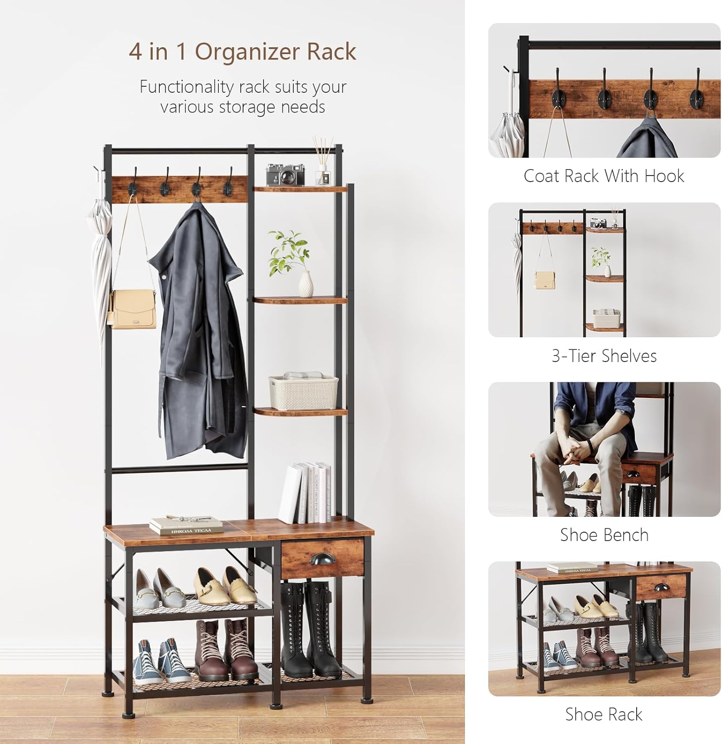 Diagram showing all components of the Furologee 4-in-1 organizer rack, including the coat rack, 3-tier shelves, shoe bench, and shoe rack.