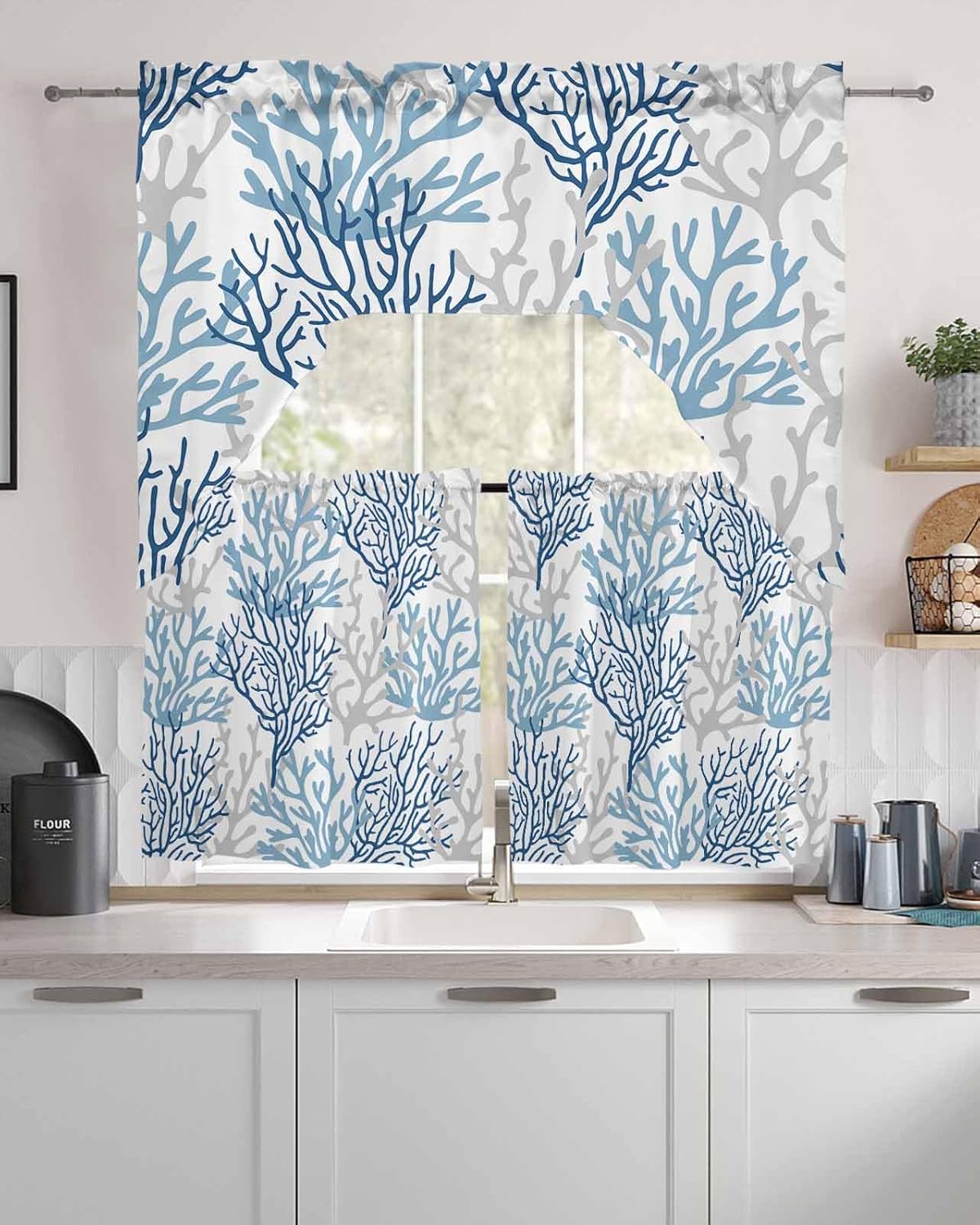 Nautical Ocean Coral Swag Curtains Valance and Tier Set, Blue Coastal Beach Rod Pocket Curtain Drapes for Bedroom Bathroom Over Sink Kitchen Curtains 3 Piece Set Swag Valances and 24 inches Tiers