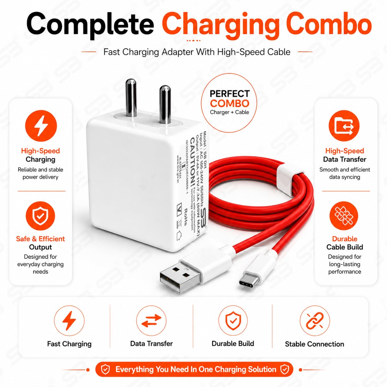 SB 80W Fast Charger with USB to Type C Cable | 7.3A Mobile Charger Adapter | Compatible with SuperVOOC, VOOC, Warp, Dash & Dart Charging Devices | for OnePlus, Realme & Oppo Smartphones. — Amazon image 7