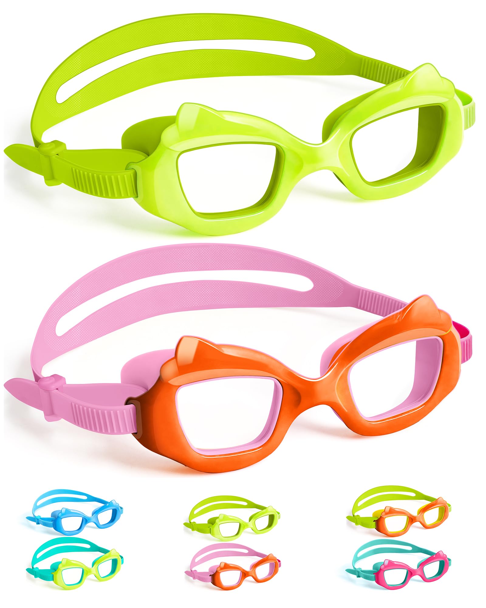 Water Space Kids Swim Goggles for Kids 3-12, 2 Pack Cat-Shaped Swimming Goggles Anti-Fog UV Resist Wide Clear Vision for Boys Girls