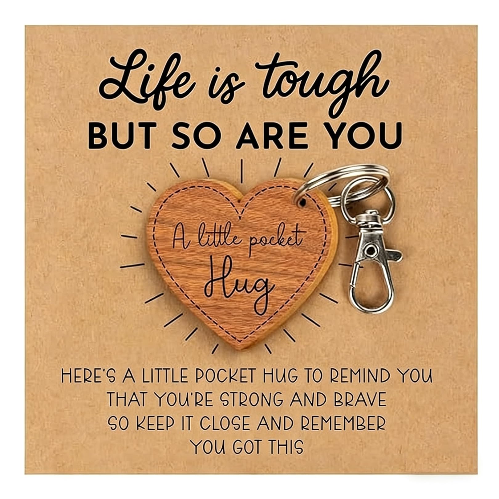 Pocket Hug Heart Keyring, Wooden Thinking of You Gift Inspirational Card