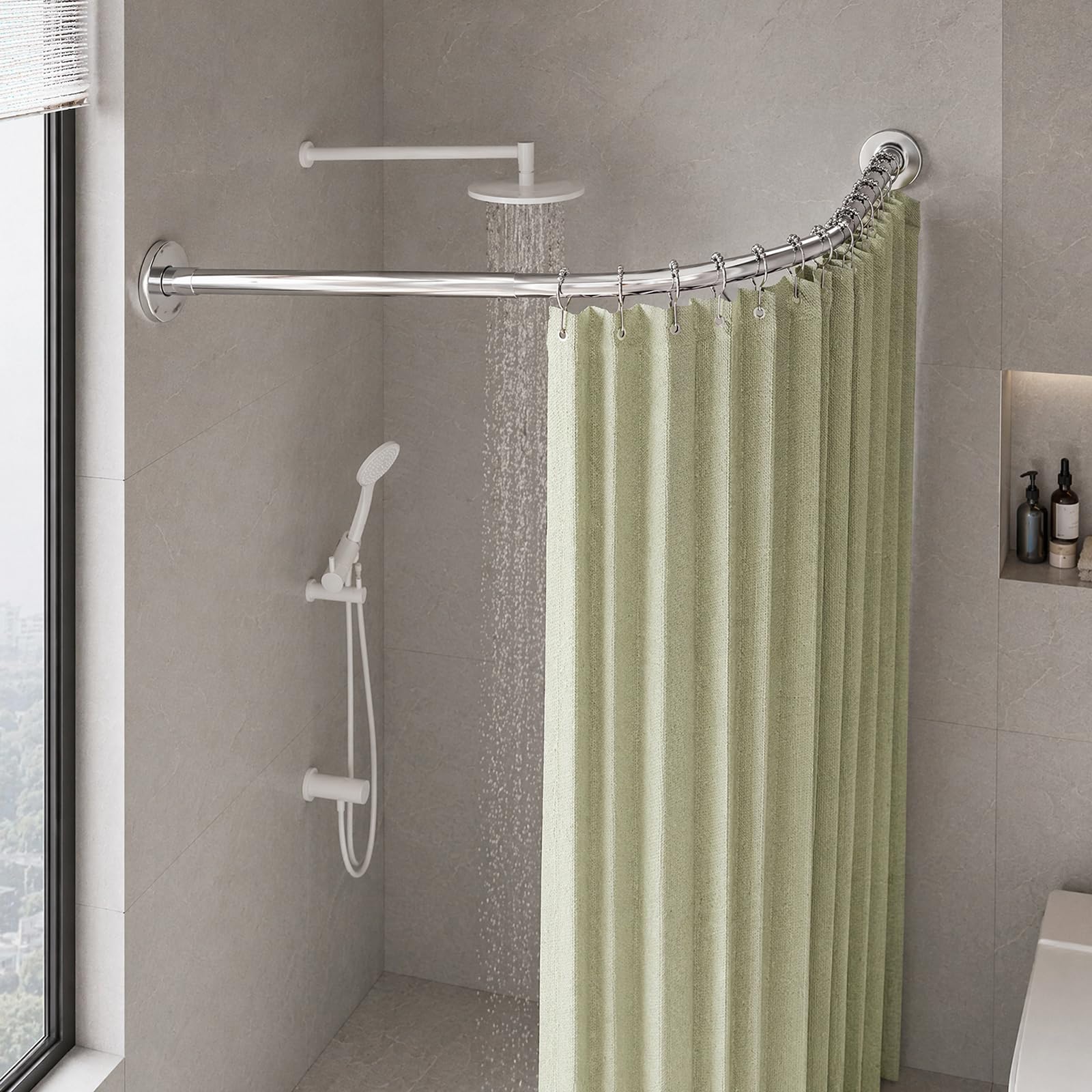 Curved Shower Curtain Rod Extendable, L Shape Shower Curtain Rail No Drill, Stainless Steel Rust Proof Adjustable Silver Corner Shower Pole, For Bathroom, Kitche(Size:A 70-95m x 70-95cm,Color:Silver)