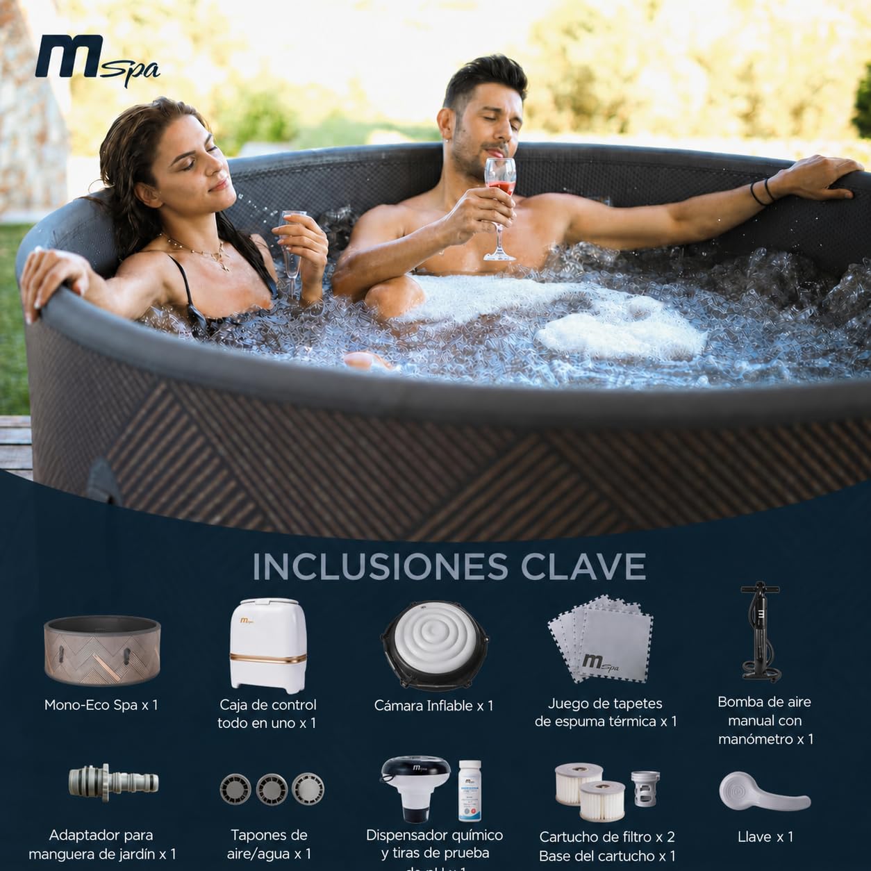 MSpa Mono-Eco SPA Hinchable semirrígido Circular 4-6 Personas con hidromasaje Air Jet, calefacción, filtración Inteligente y desinfección UVC
