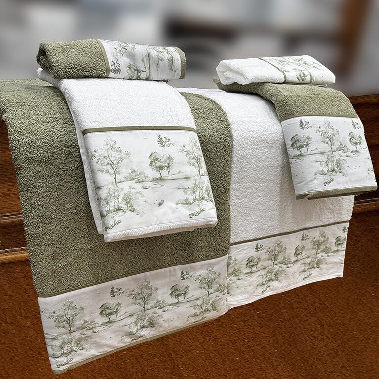 Dos Juegos DE Toallas Toile DE JOUY Bosque Blanco Y Verde