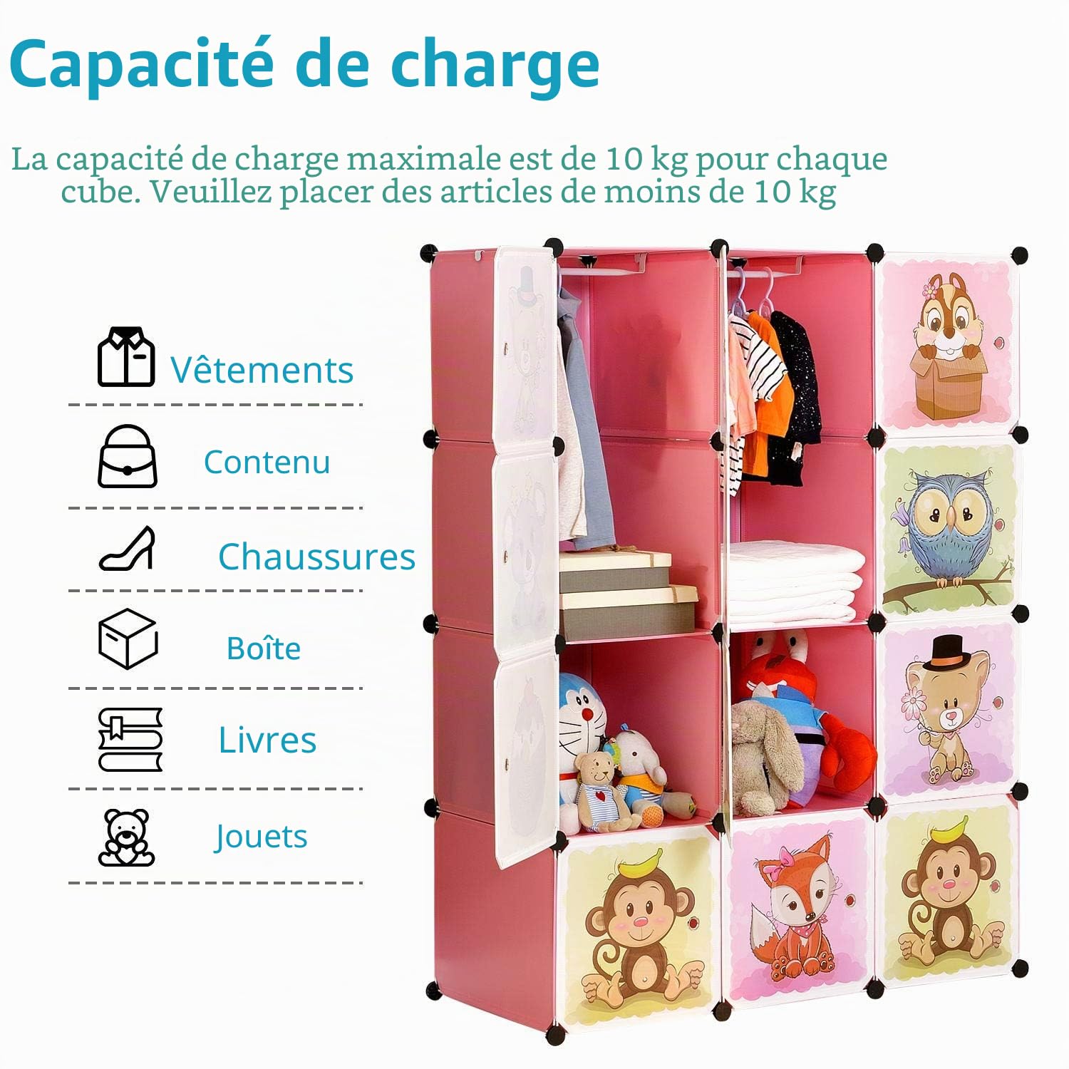 BRIAN & DANY Meuble Rangement Enfant avec Motifs d'animaux, Support de Rangement, Armoires Etagères Plastiques, Armoire de Rangement Bricolage (Rose, 12 Cubes)