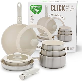 GreenLife Stainless Steel Nonstick 10 Piece Cookware Set, Detachable Handle, Induction Ready, Stackable Kitchen Set, Tri Ply Ceramic PFAS Free Pots & Pans, Space Saving, Oven Safe, Glass Lid, Silver