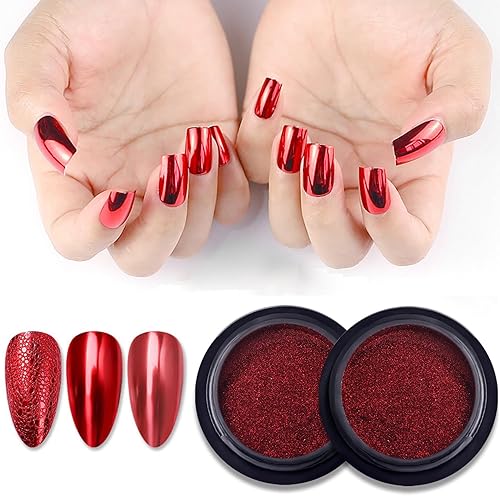 Juego de 2 cajas de polvo de uñas cromado rojo, brillo reflectante, efecto de espejo metálico mágico, pigmento para uñas, diseño artístico