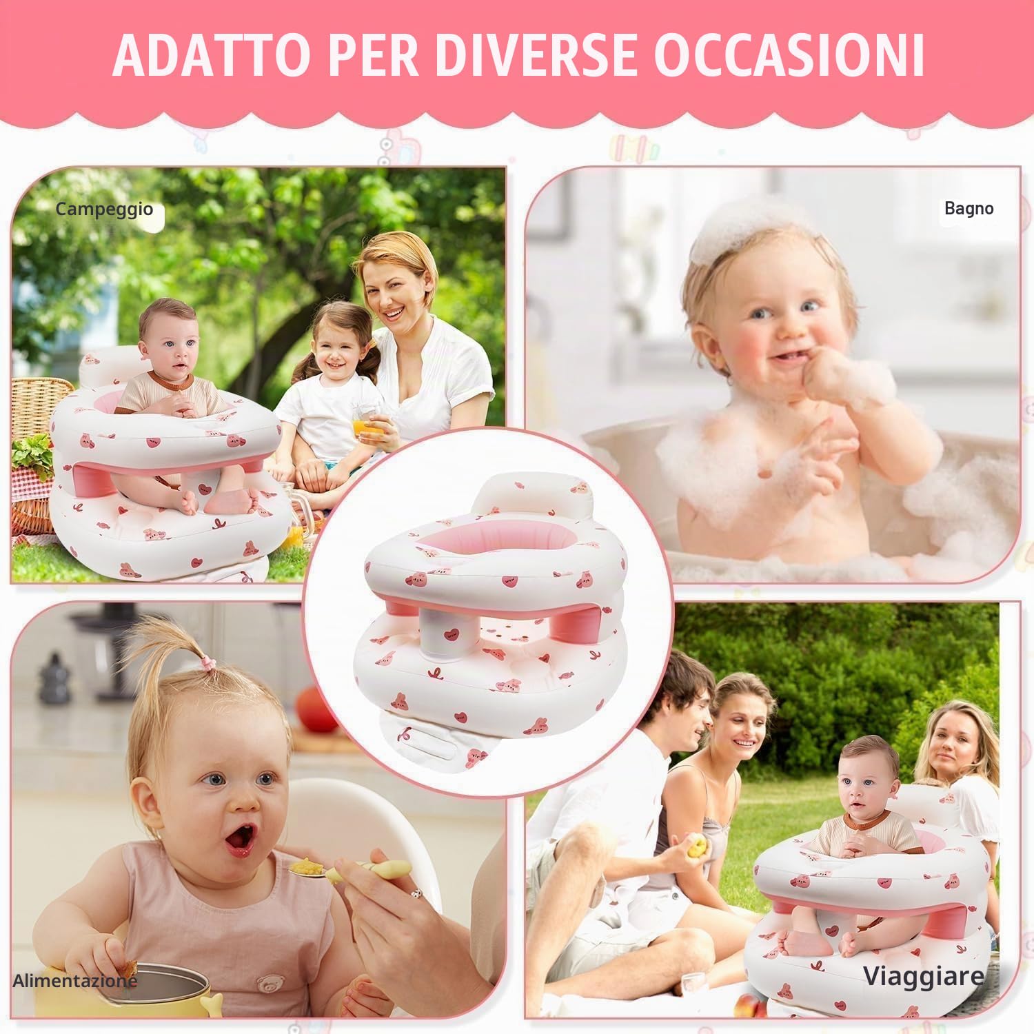 Seggiolino Gonfiabile Neonato di 3-36 Mesi di, Sedia Gonfiabile per Bebè a Pieghevole con Pompa Integrata, Supporto per Seduta per Bimbi Piccoli (Coniglio)