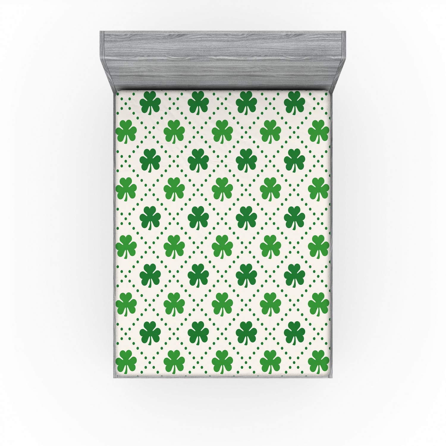 Ambesonne Irish Fitted Sheet, 4 Leaf Shamrock Clover Flowers Dotted Dashed Lines National Culture Art, Bed Cover with All-Round Elastic Pocket for Comfort, California King, Green