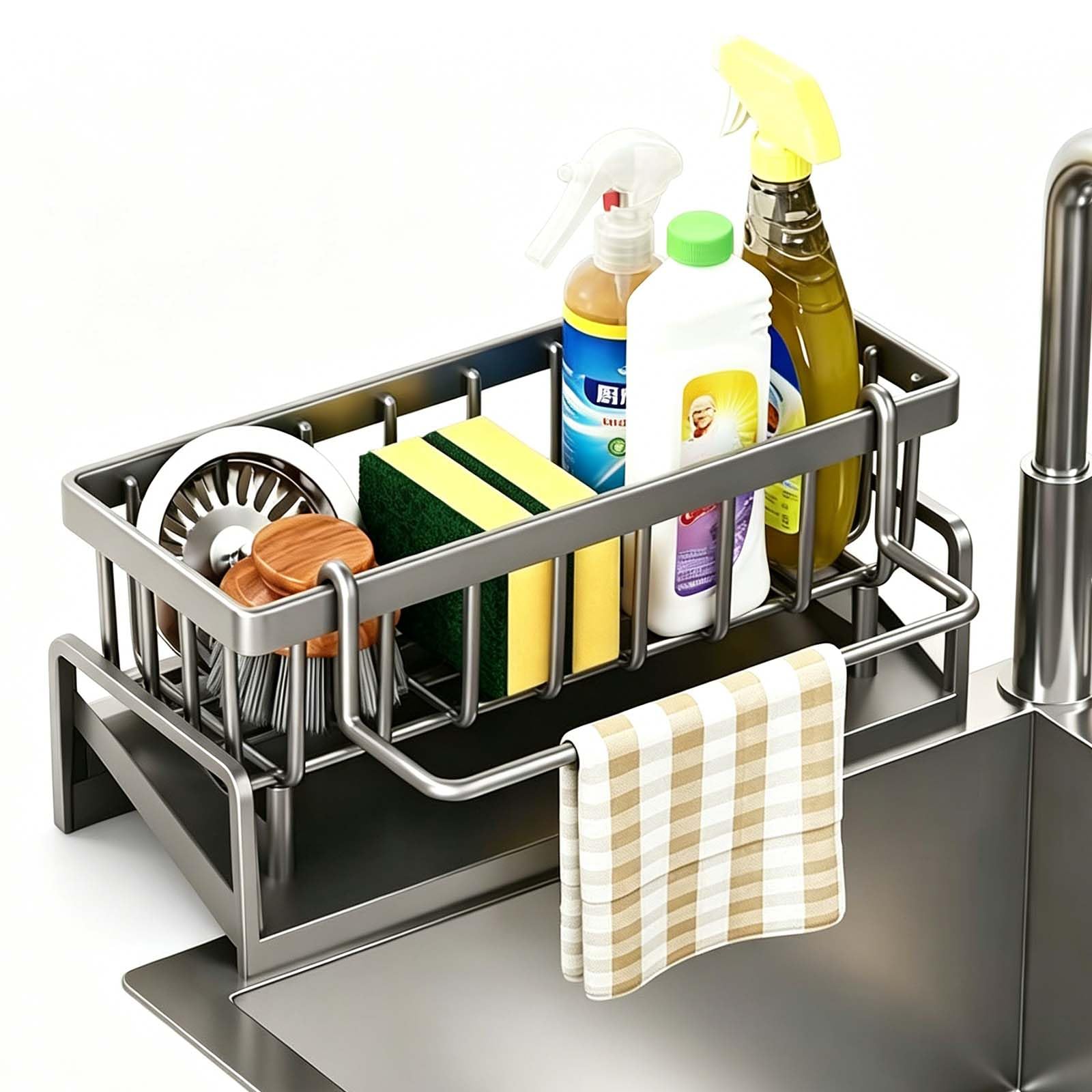 Zirax Grey Kitchen Sink Caddy Organiser, Sink Tidy Sponge Holder With Removable Brush Holder & Dishcloth Hanger, Thickened Plastic Washing Up Caddy For Kitchen Storage & Organisation