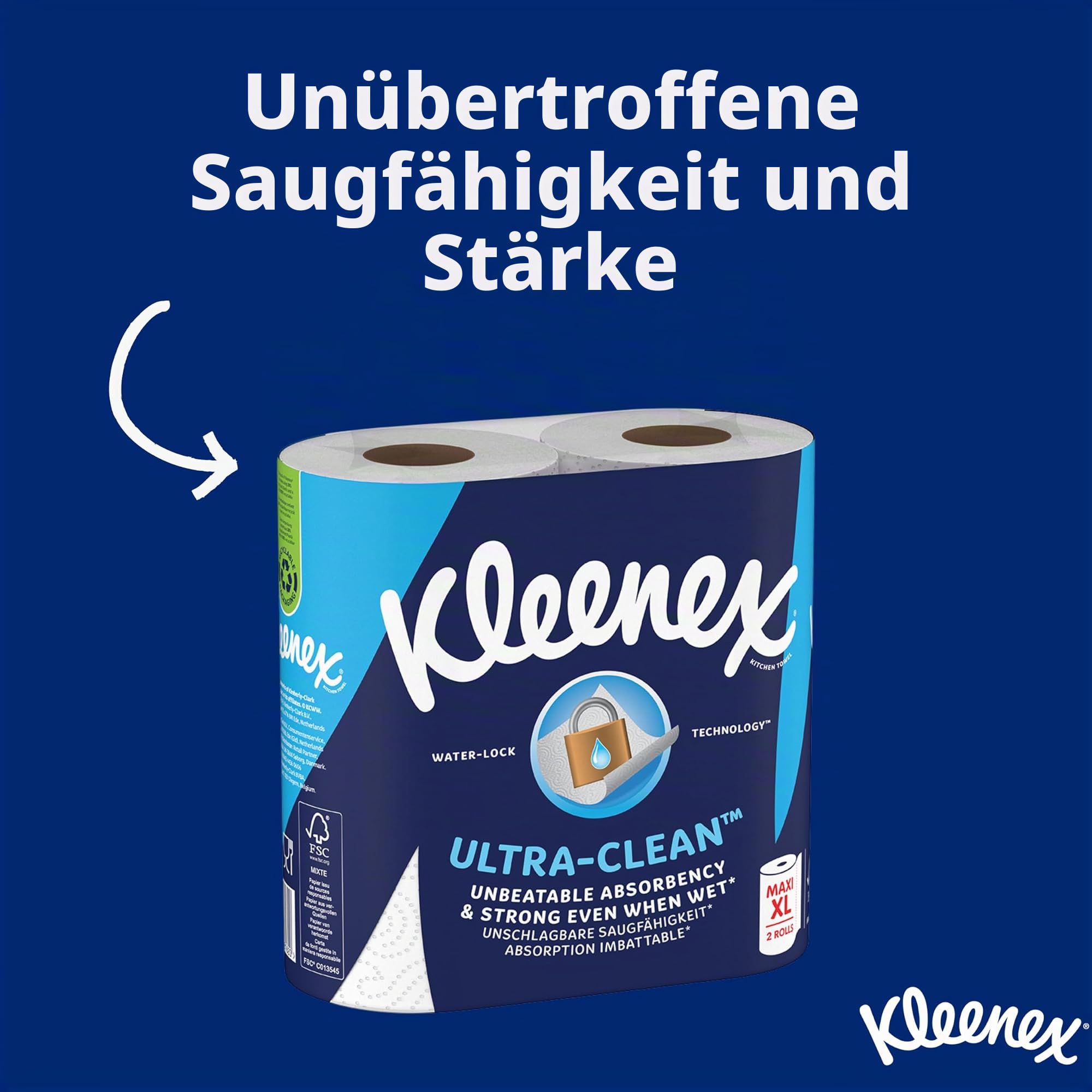 Kleenex® Küchenrolle Ultra Clean™, 6 Maxi XL Küchenrollen (=9 Rollen), Unübertroffene Saugfähigkeit und Festigkeit Küchenpapier - 100% recycelbare Verpackung