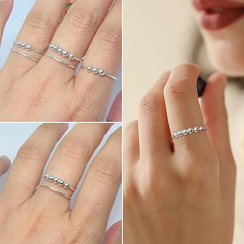 Miniatura 3 de Anillos giratorios ajustables de plata, anillo para aliviar la ansiedad, anillos de cuentas antipreocupaciones, regalo para mujeres, hombres y niñas