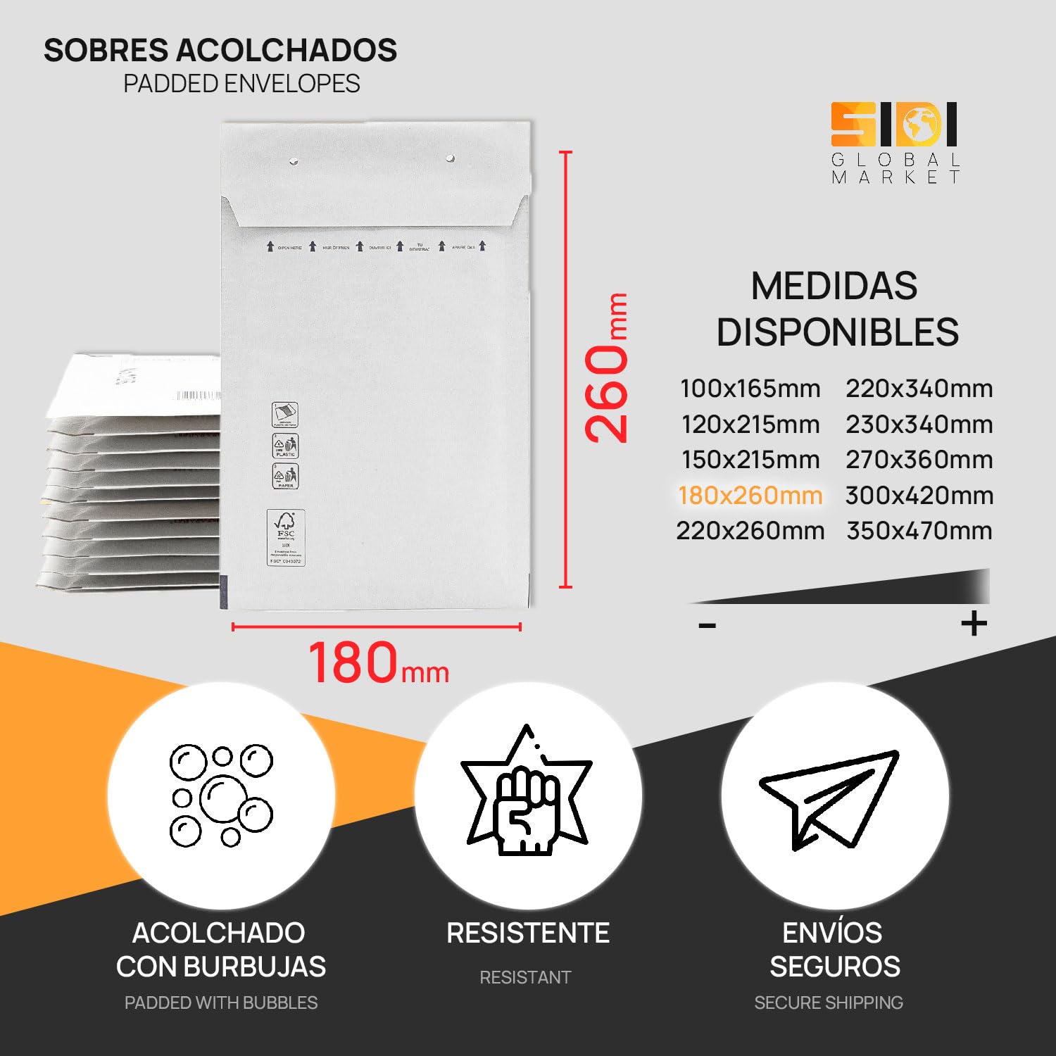 Sobres Acolchados, Sobres de Burbujas, Sobres Acolchados de Burbujas con Cierre Autoadhesivo, Bolsas para Envíos de Ropa, Sobres Acolchados color Blanco - SIDI (180x260mm, 200 uds)