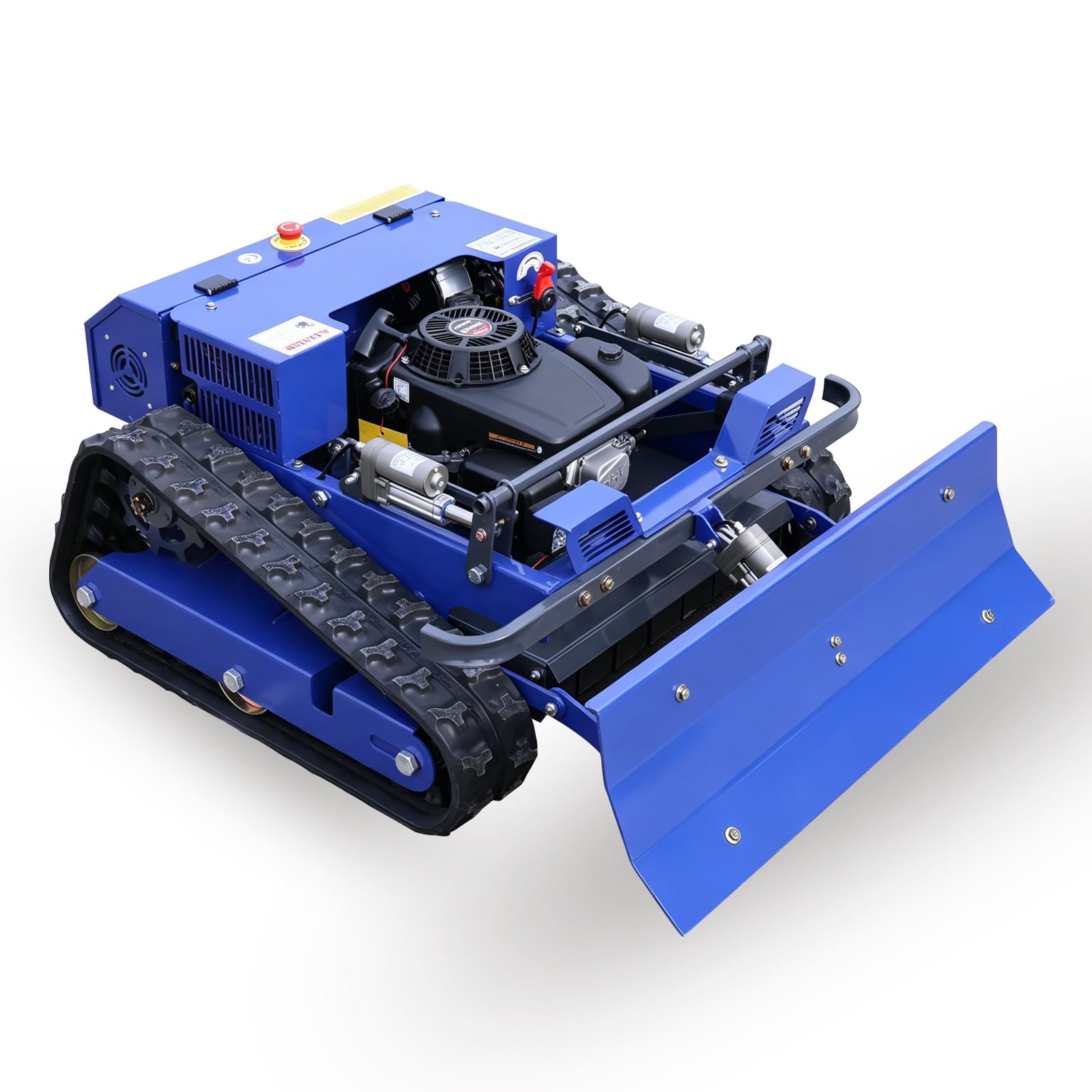 Tondeuse à Gazon Télécommandée avec Lame à Neige, Tondeuse sur Chenilles Hybride Essence-Électrique 4x4, Débroussailleuse Intégrée pour Terrain Accidenté