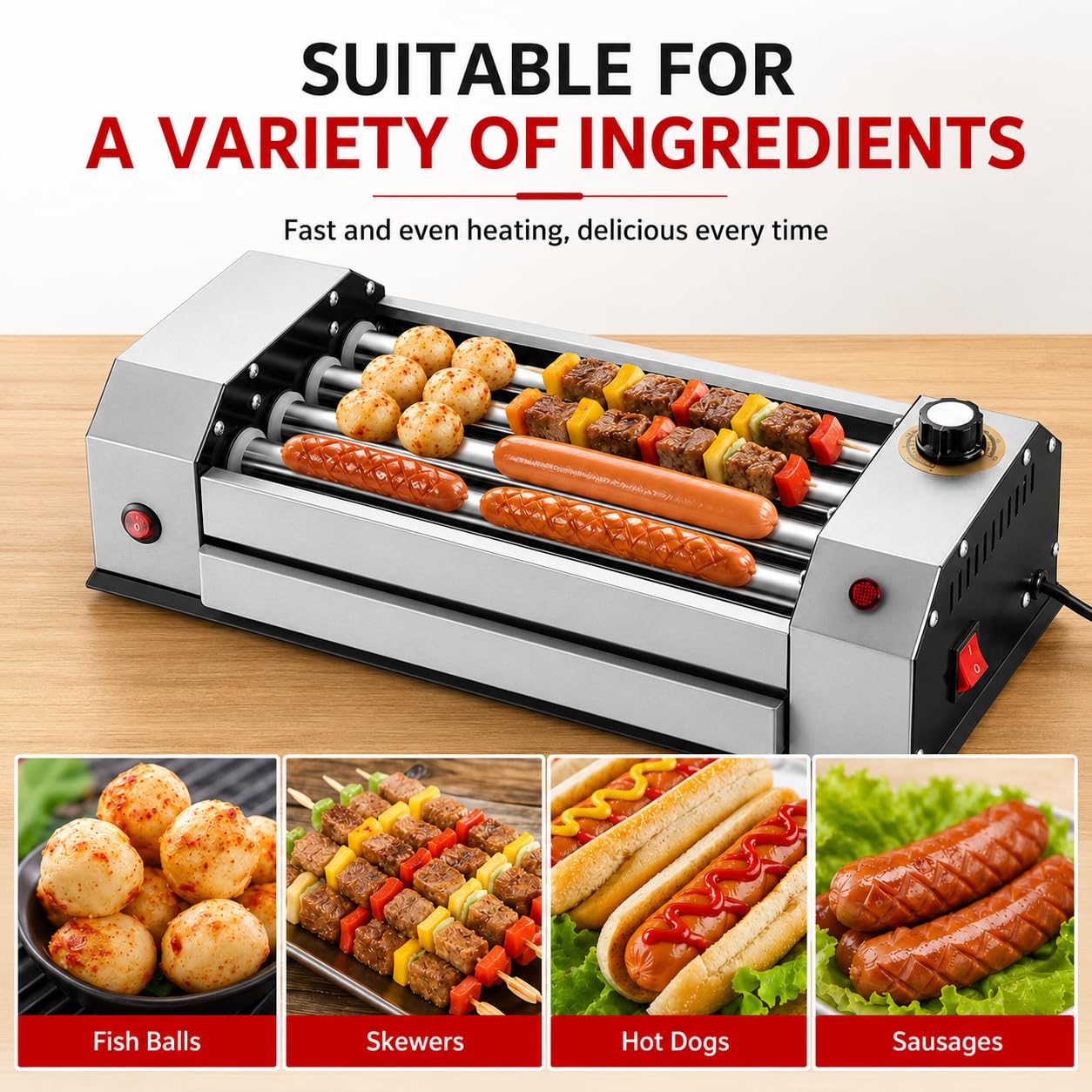 Macchina a rulli per hot dog in acciaio inossidabile 600W, griglia di salsifia di controllo del calore doppia indipendente, rulli riscaldati antiaderenti per le feste della cucina domestica, design co