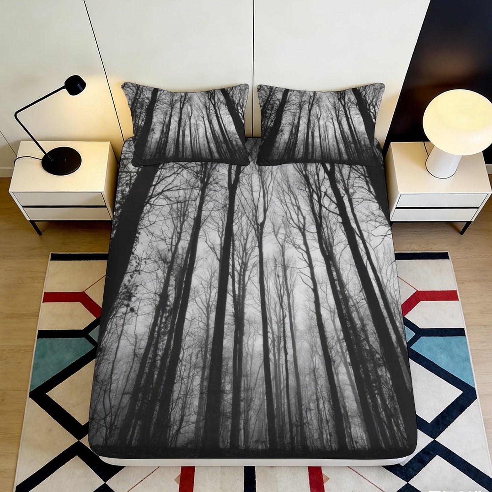 3D Printed Black Forest Trees Fitted Sheet Microfiber Soft Breathable Bare Tree Bed Cover for Bedroom Dormitory Guest Room Mattress Protection 120x200x25cm