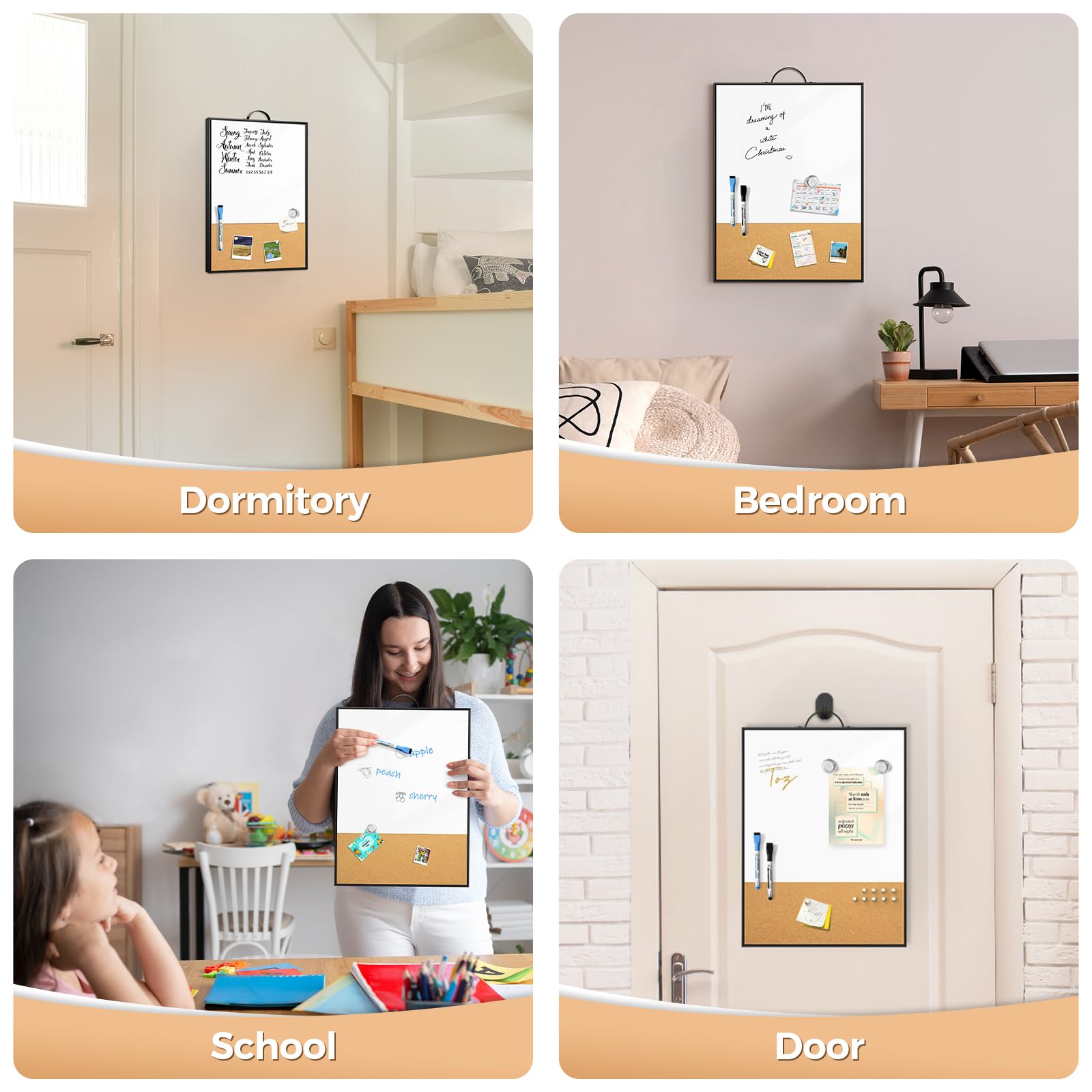 Pizarra blanca pequeña de corcho, pizarra magnética de borrado en seco de 16 x 12 pulgadas y tablero de corcho de anuncios con asa para colgar en la pared, pizarra blanca portátil con marco de