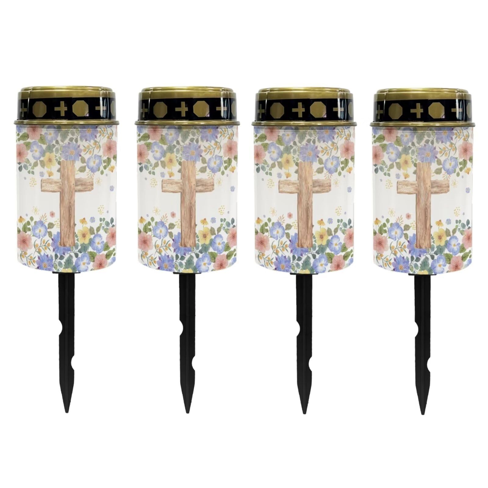 Poceacles Cross Outdoor Solar Lights Solar Garden Lights Cemetery Solar Lights Water Resistant Pillar Candle Solar Garden Stake Lights for Cemetery Grave Decorations, Flower Leaf Cross, Pack of 4