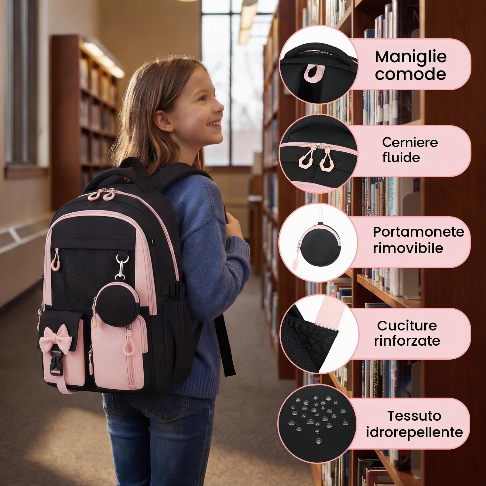 Amythe Zaino per Ragazze Scuola Elementare e Media, Zaino Scuola con Schienale Ergonomico, Zaini Elementari Impermeabile Leggero per Bambina 7-13 Anni, Adatto per Carrello -Rosa