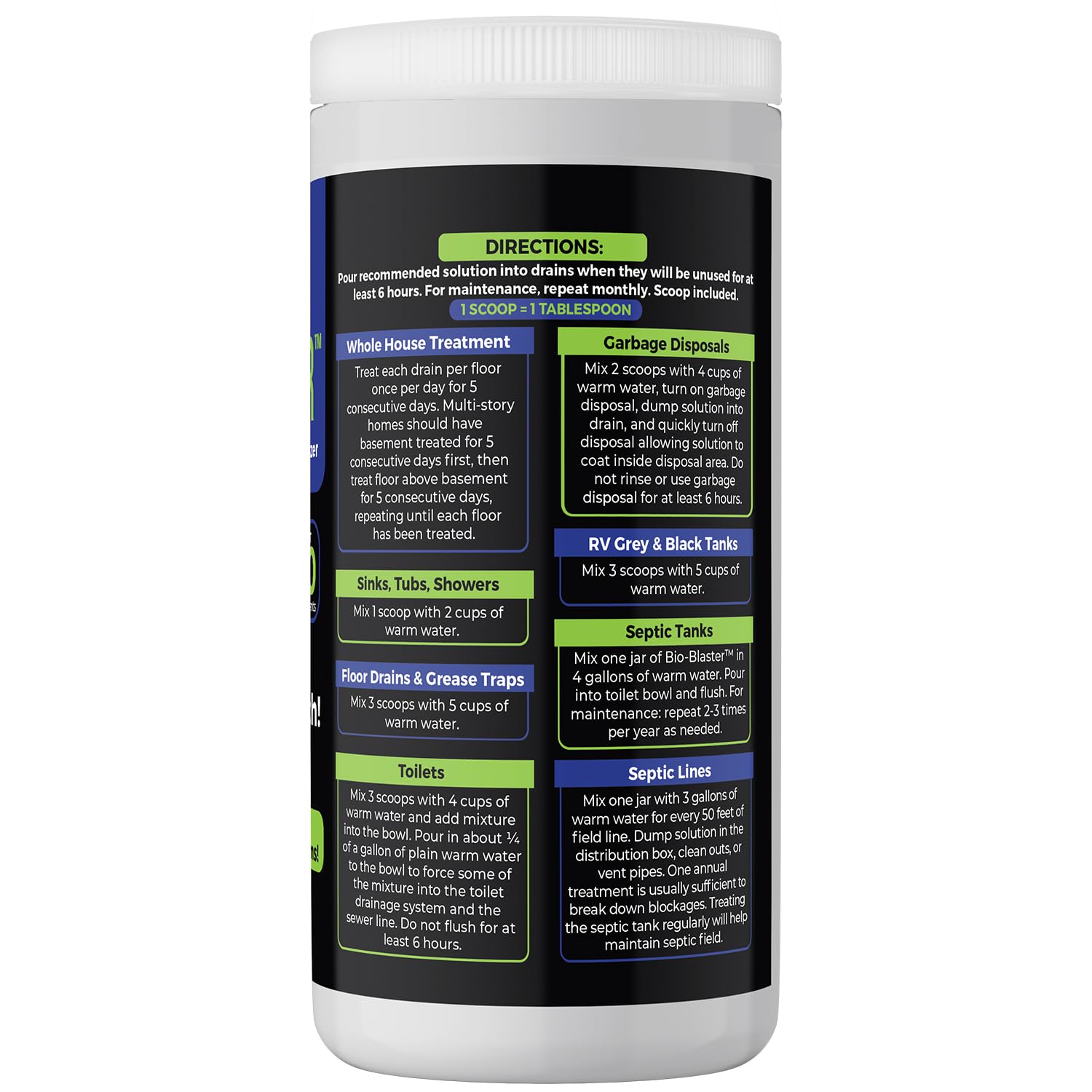 Limpiador de drenaje enzimático y séptico y potenciador de bacterias amigable. Extra grande de 2 libras. Desodoriza y desatasca tuberías, tanques sépticos, tanques de RV y mucho más. Sin productos
