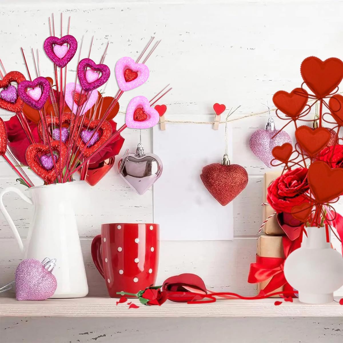 KIPETTO Mother's Day Heart Flower Picks 6Pcs Red Pink Sparkly Heart Sticks Foam Heart Picks for Happy Mother's Day Table Flower Decorations, 19 Inch