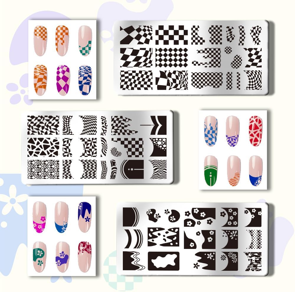 PH PandaHall 3pcs French Nail Stamper Tartan Nail Stamping Plate French Tip Nail Art Stencils Plaid Wave Print Nail Stencils Stainless Steel Nail Image Plates for Nail Design Print Manicure Salon