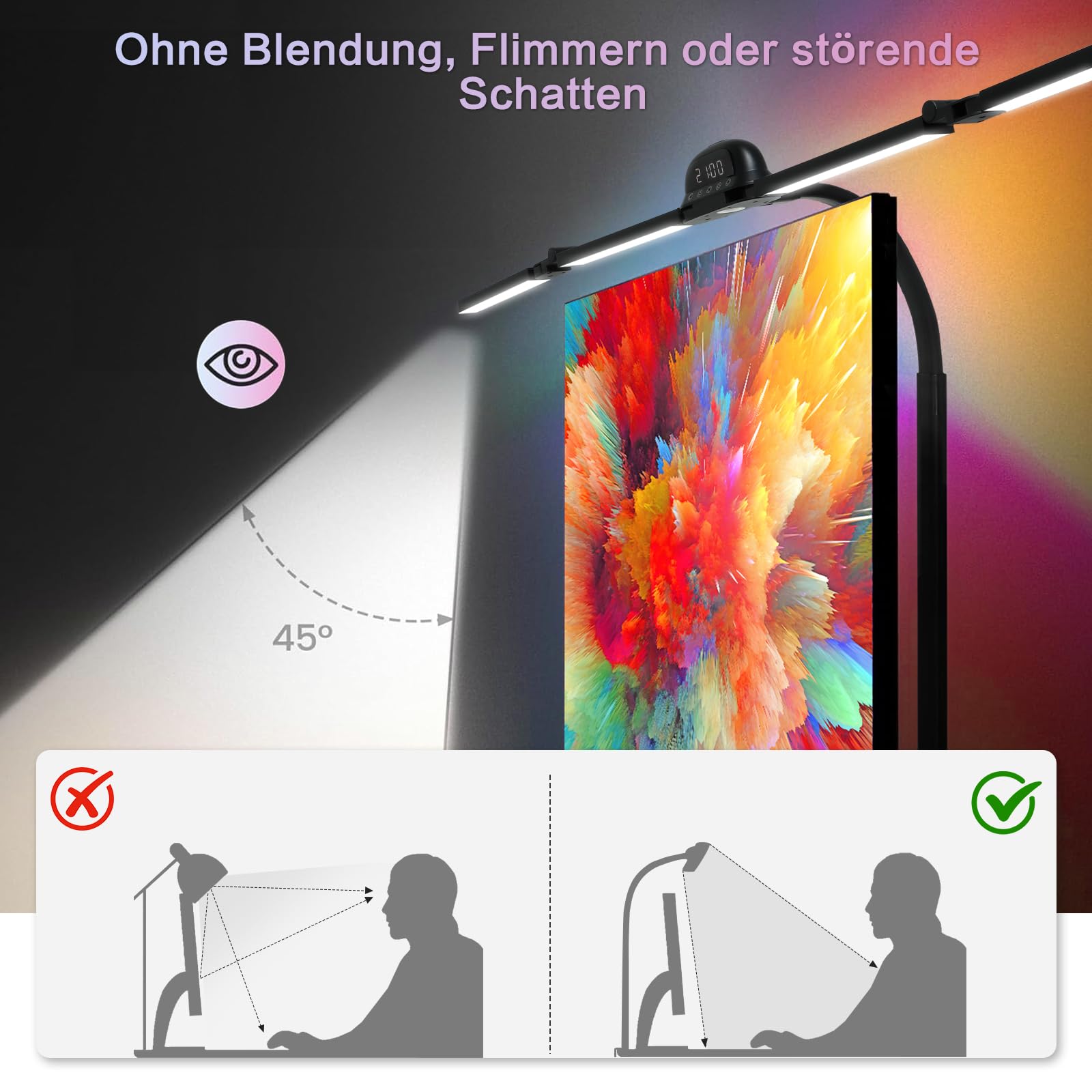 Lámpara de escritorio LED con RGB, 120 cm, regulable, lámpara de luz diurna con sensor de movimiento, sensor de luz, mando a distancia, reloj, para oficina, lectura, arquitectos, sastres