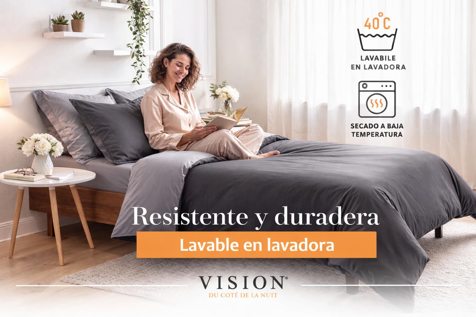 Vision Juego de Cama Reversible 100% Algodón – Blanco – Cama Kingsize (260x240 cm) – Incluye Funda Nórdica y 2 Fundas de Almohada (65x65 cm) – 57 Hilos, Suave y Confortable, Oeko-Tex